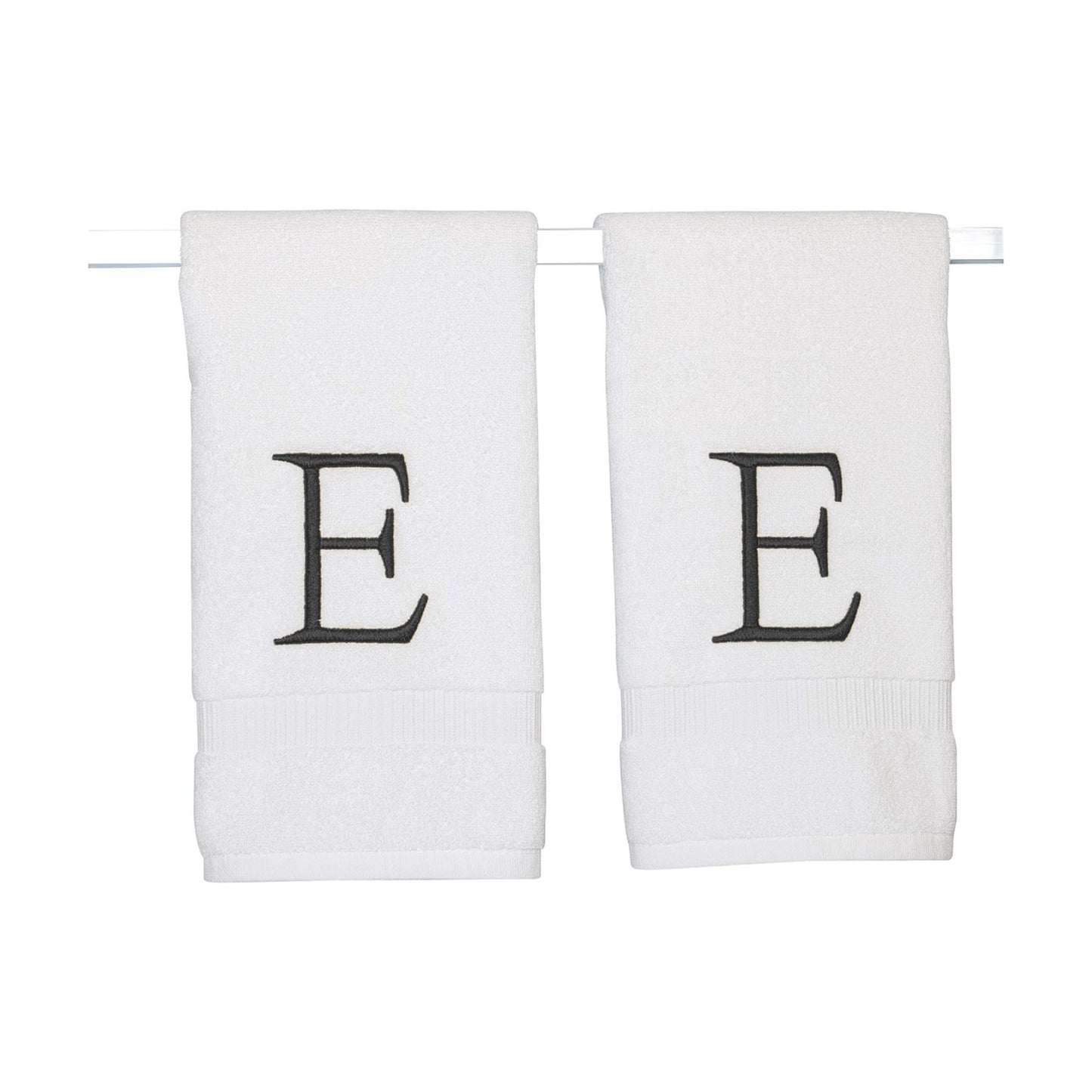 White with Dark Gray Monogrammed Hand Towels for Bathroom Set of 2 Letter E | Luxury Hotel Quality Initial Towels For