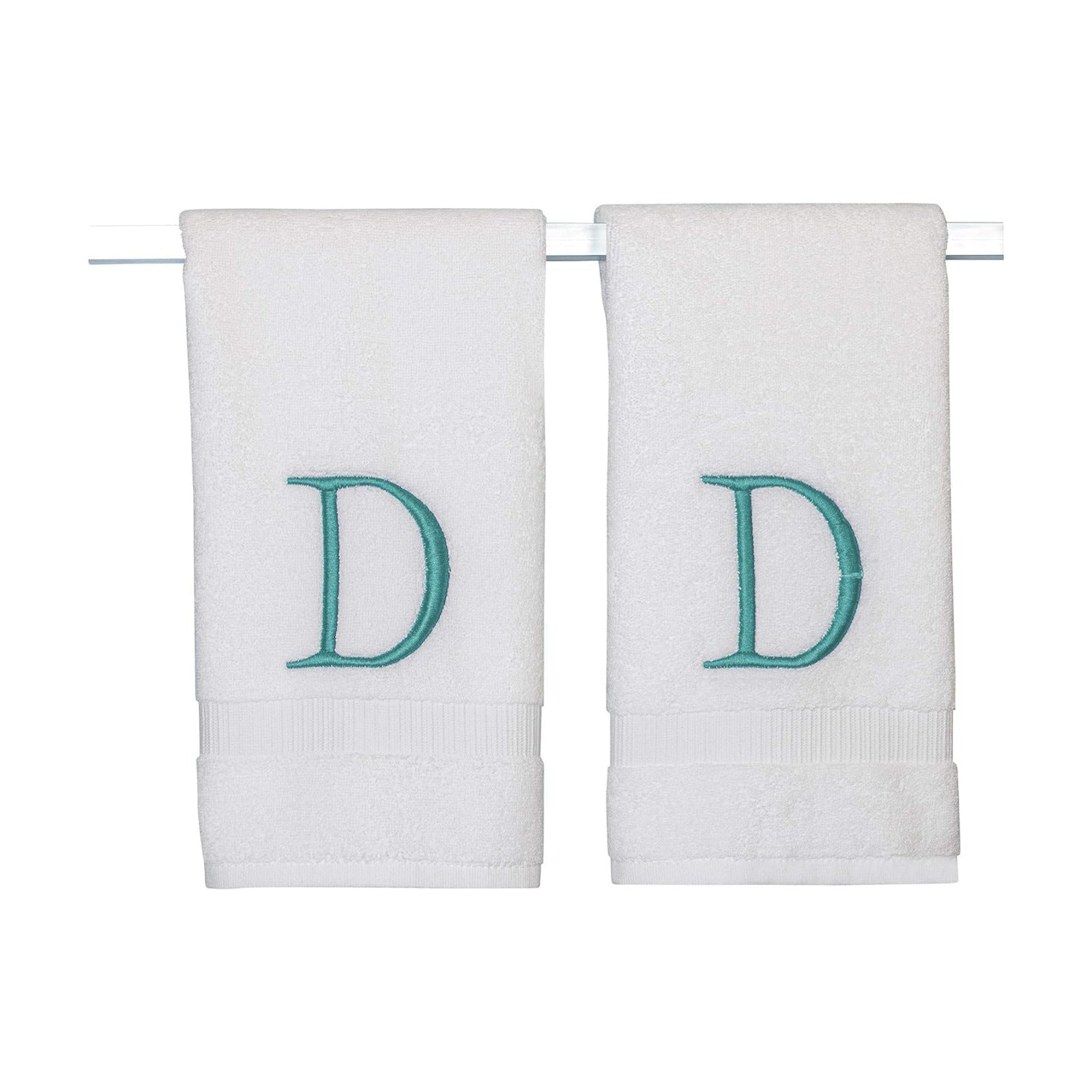 White with Teal Monogrammed Hand Towels for Bathroom - Set of 2 Letter D | Luxury Hotel Quality Initial Towels For