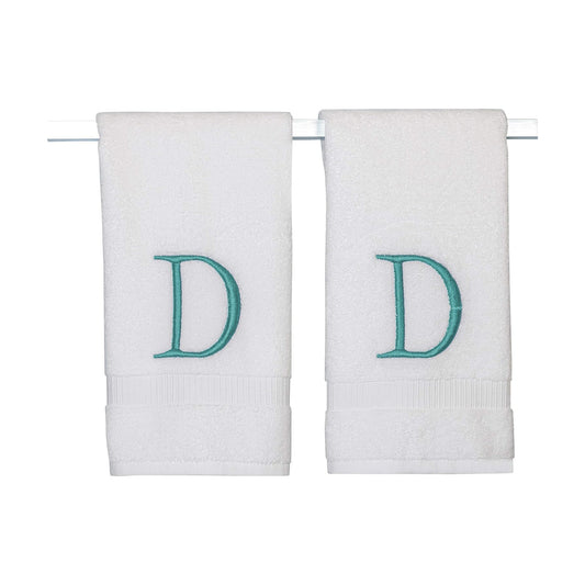 White with Teal Monogrammed Hand Towels for Bathroom - Set of 2 Letter D | Luxury Hotel Quality Initial Towels For