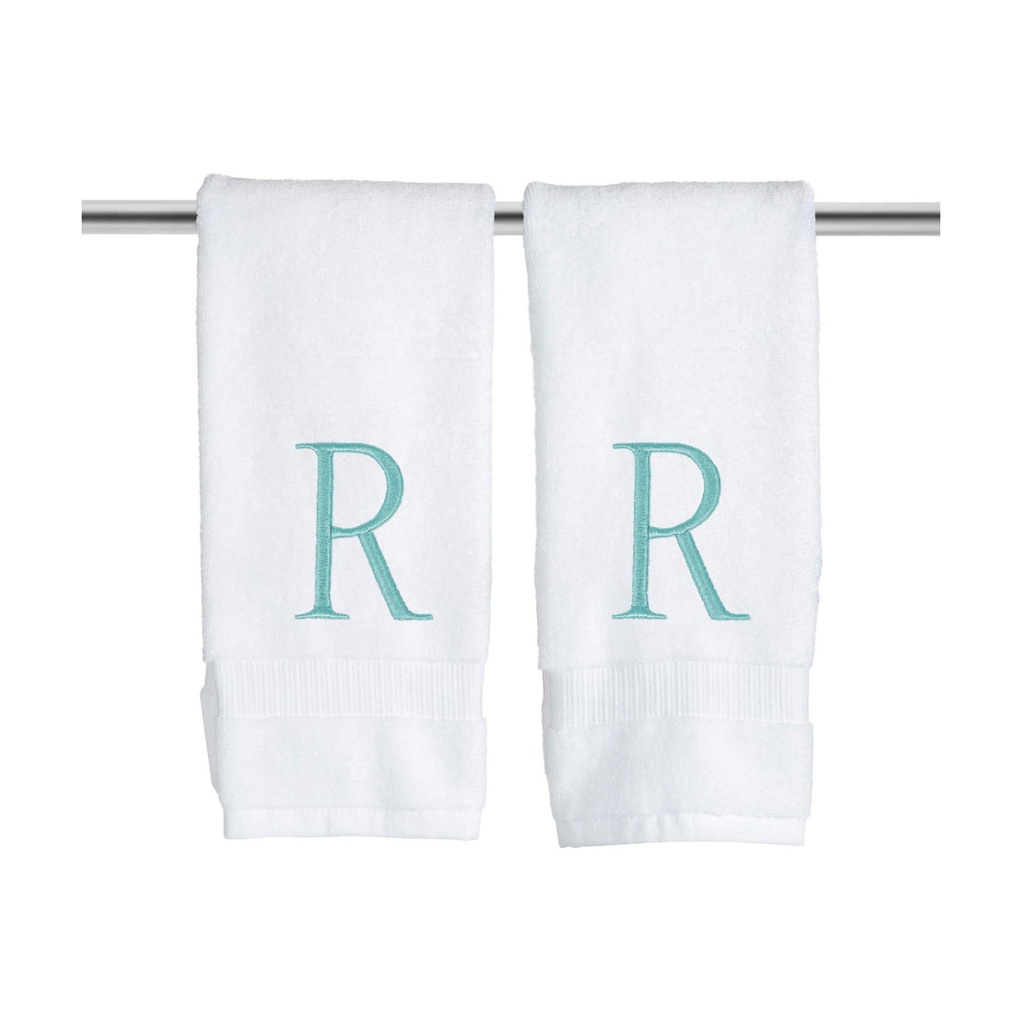 White with Teal Monogrammed Hand Towels for Bathroom - Set of 2 Letter R | Luxury Hotel Quality Initial Towels For