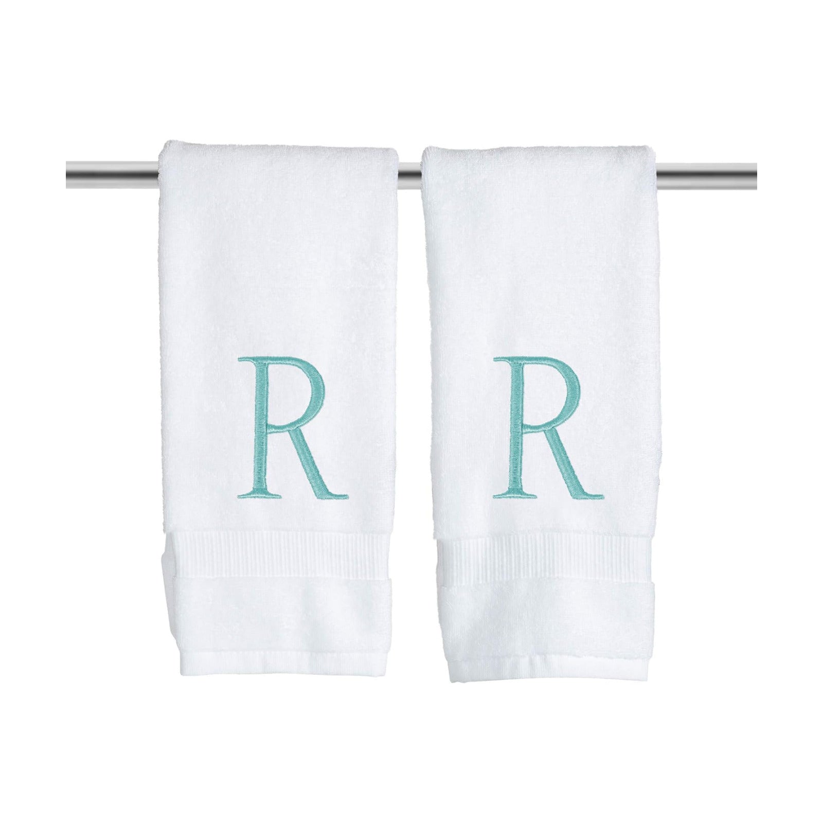White with Teal Monogrammed Hand Towels for Bathroom - Set of 2 Letter R | Luxury Hotel Quality Initial Towels For