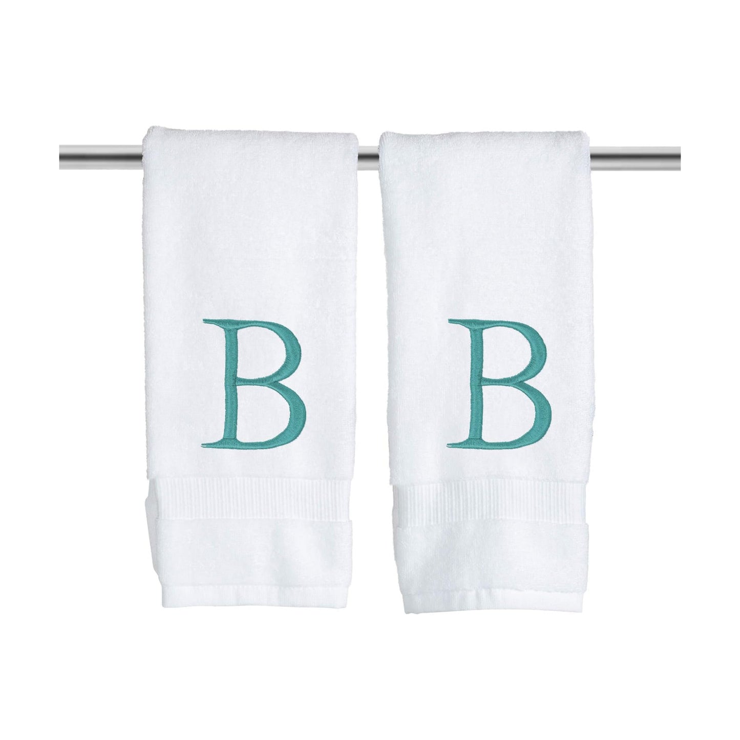 White with Teal Monogrammed Hand Towels for Bathroom - Set of 2 Letter B | Luxury Hotel Quality Initial Towels For