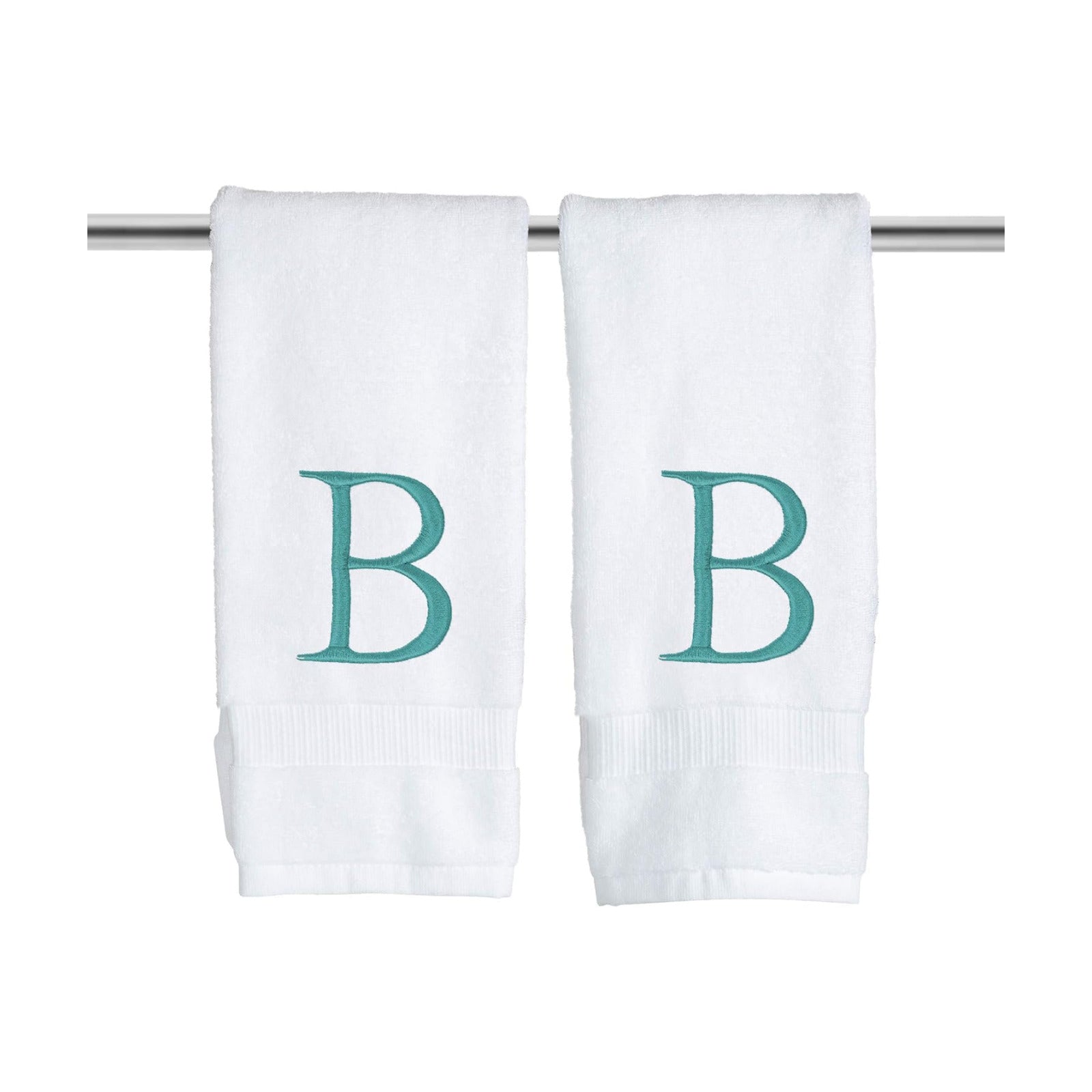 White with Teal Monogrammed Hand Towels for Bathroom - Set of 2 Letter B | Luxury Hotel Quality Initial Towels For