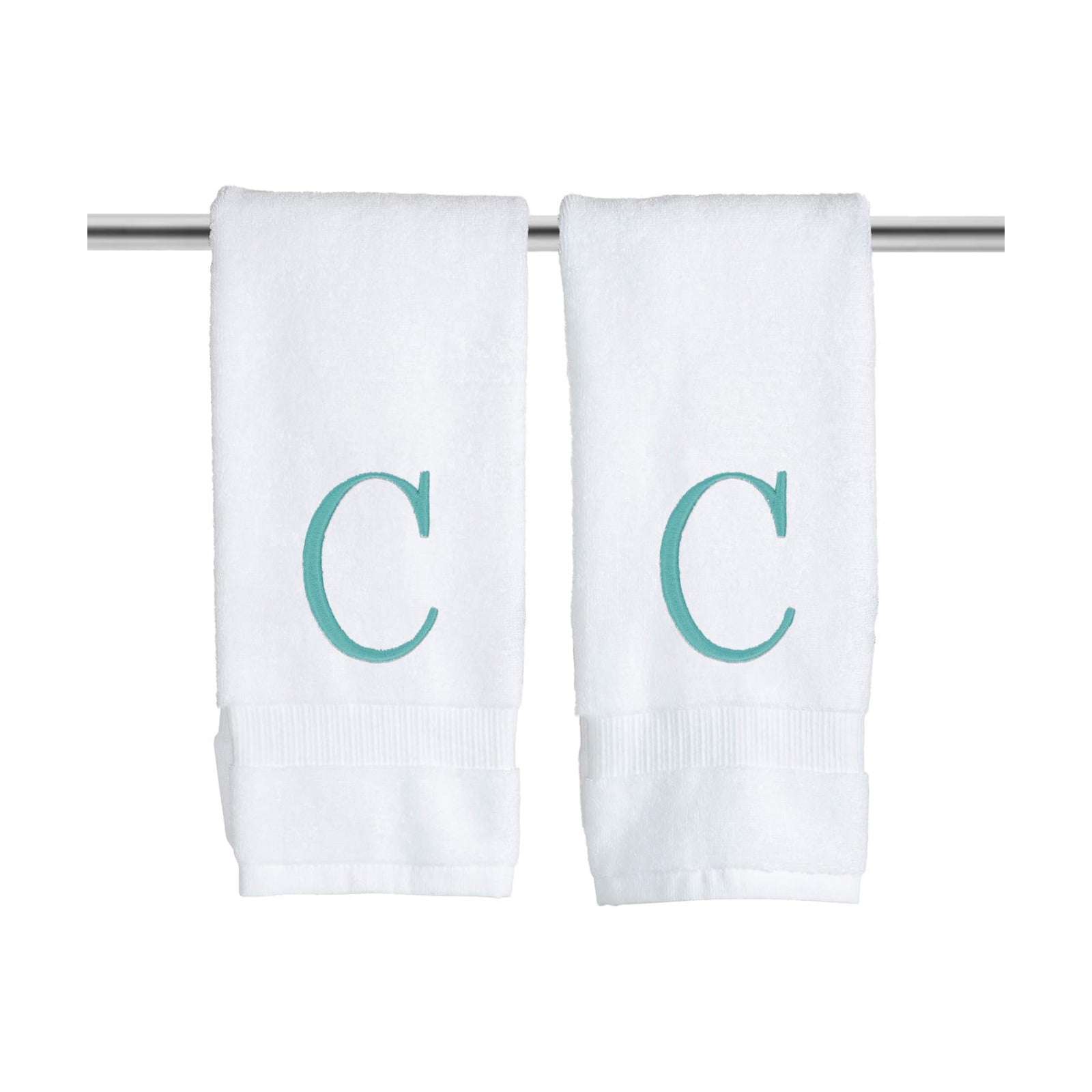 White with Teal Monogrammed Hand Towels for Bathroom - Set of 2 Letter C | Luxury Hotel Quality Initial Towels For