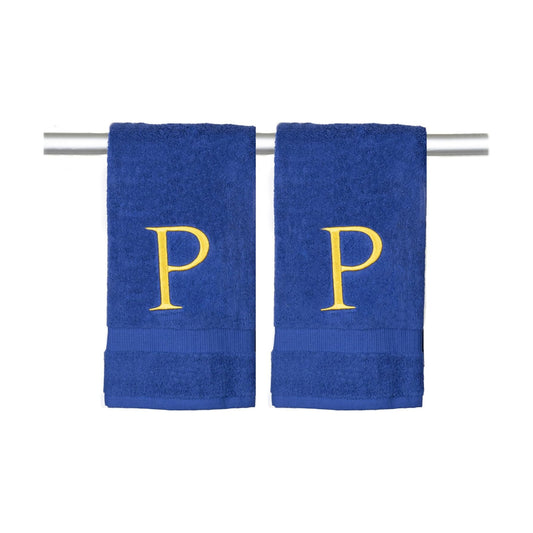 Navy with Gold Monogrammed Hand Towels for Bathroom - Set of 2 Letter P | Luxury Hotel Quality Initial Towels For