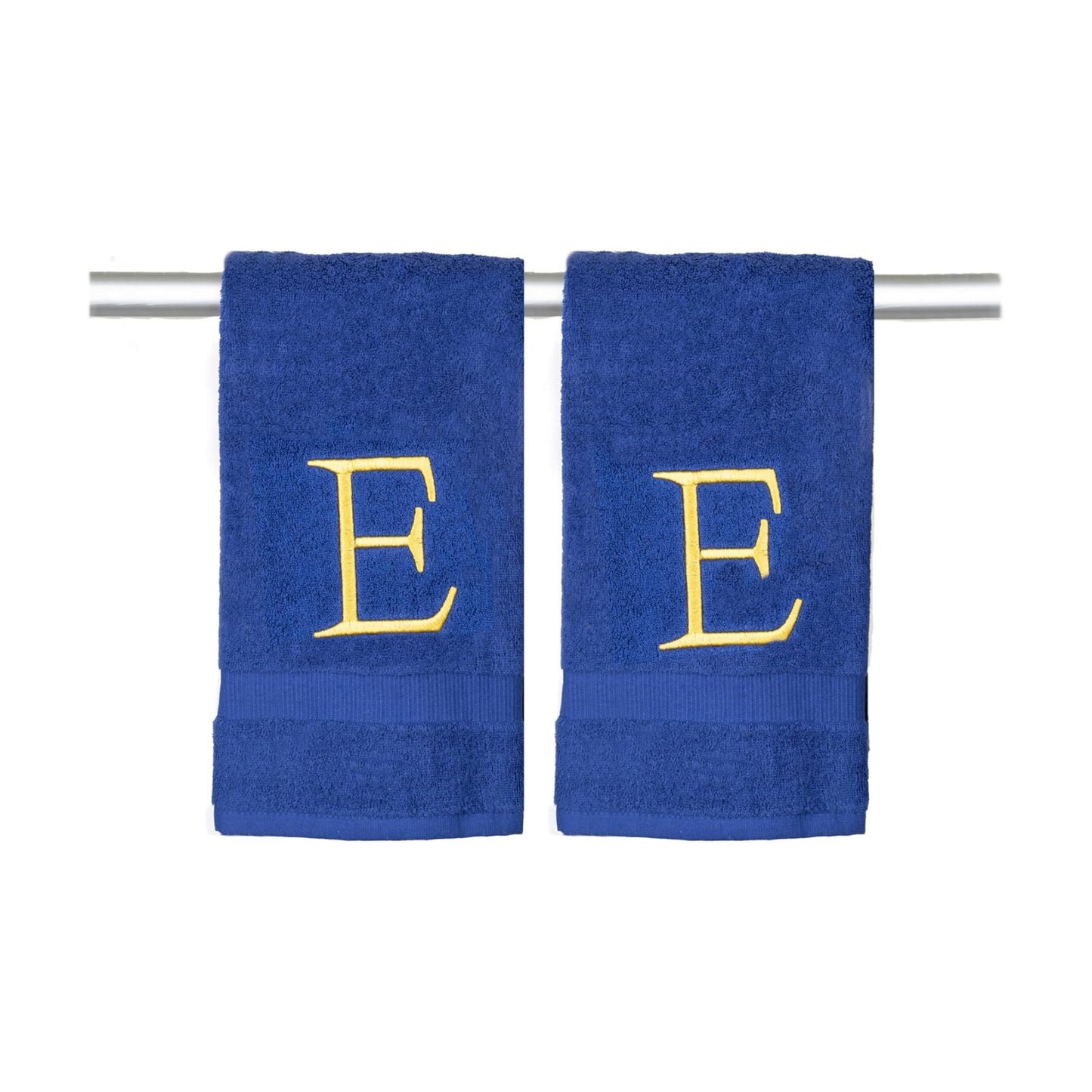 Navy with Gold Monogrammed Hand Towels for Bathroom - Set of 2 Letter E | Luxury Hotel Quality Initial Towels For