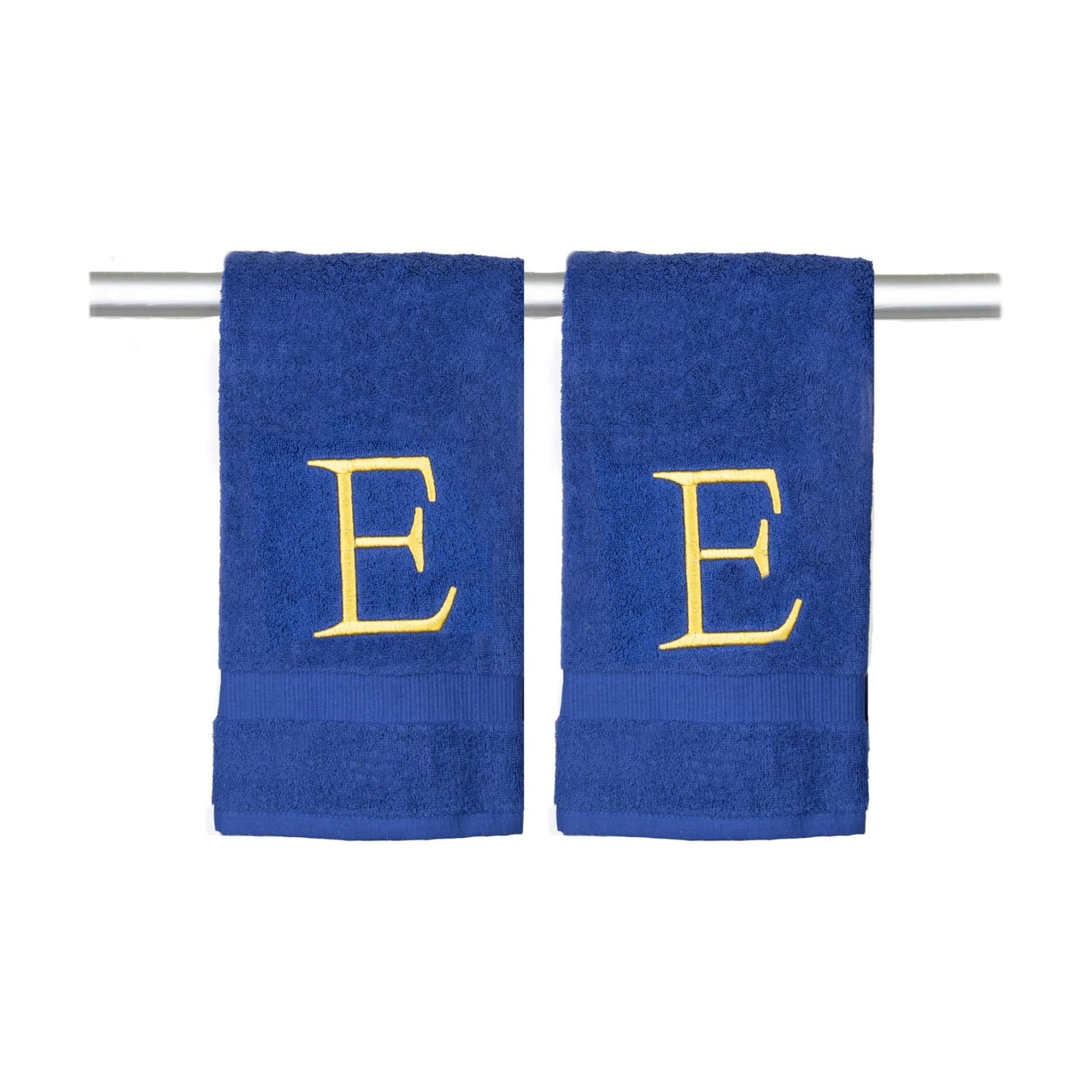 Navy with Gold Monogrammed Hand Towels for Bathroom - Set of 2 Letter E | Luxury Hotel Quality Initial Towels For