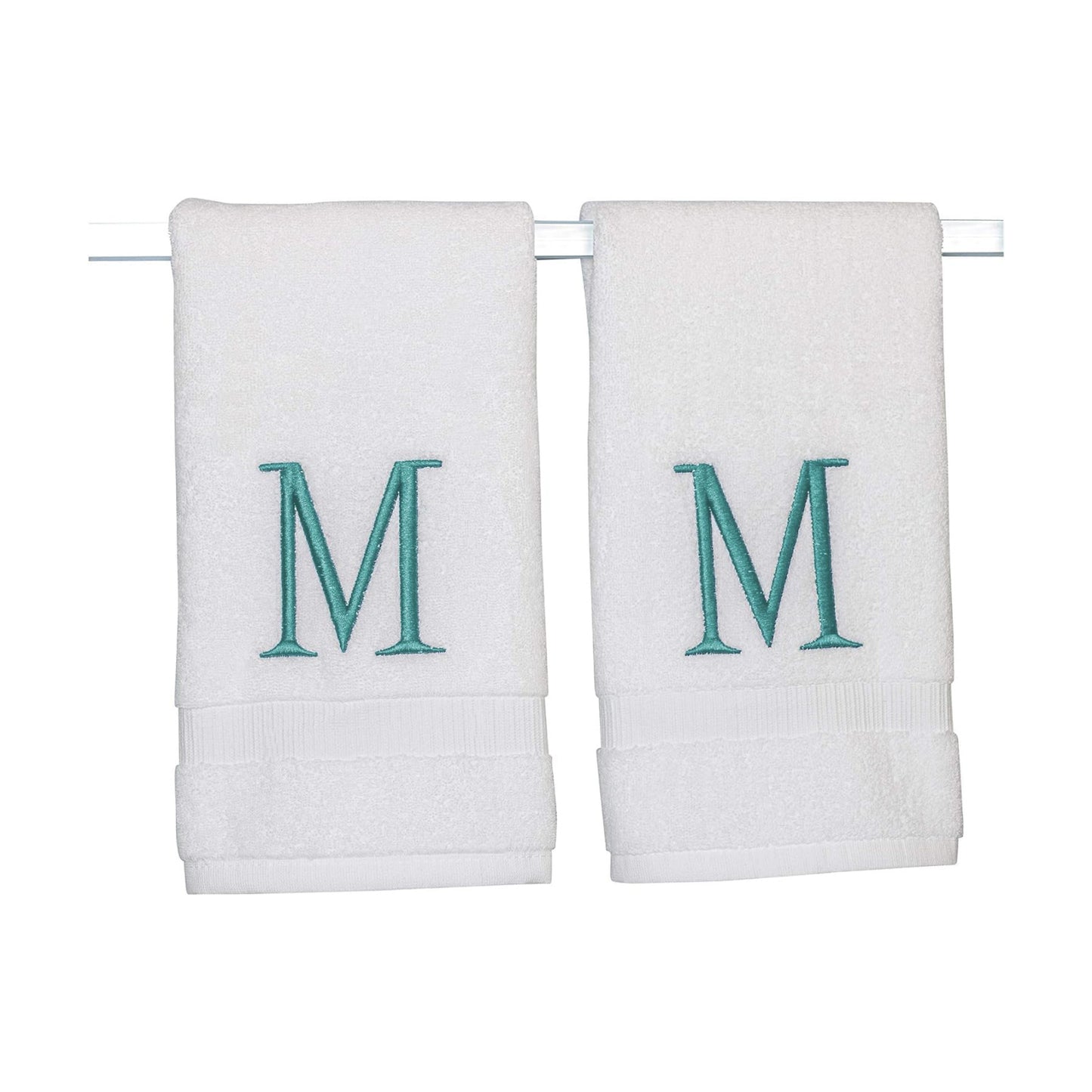 White with Teal Monogrammed Hand Towels for Bathroom - Set of 2 Letter M | Luxury Hotel Quality Initial Towels For