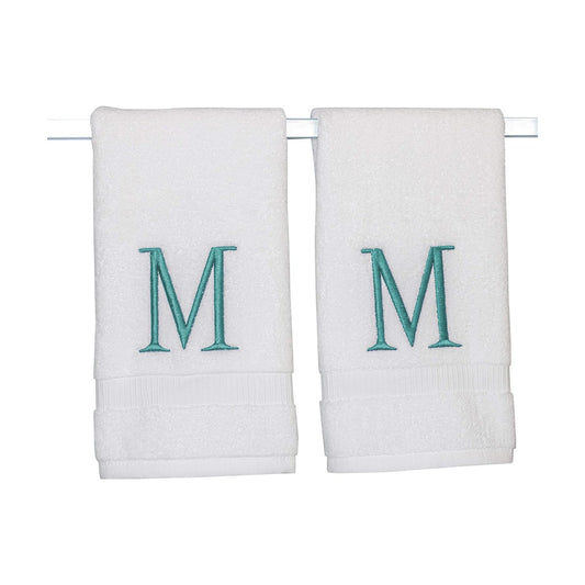 White with Teal Monogrammed Hand Towels for Bathroom - Set of 2 Letter M | Luxury Hotel Quality Initial Towels For