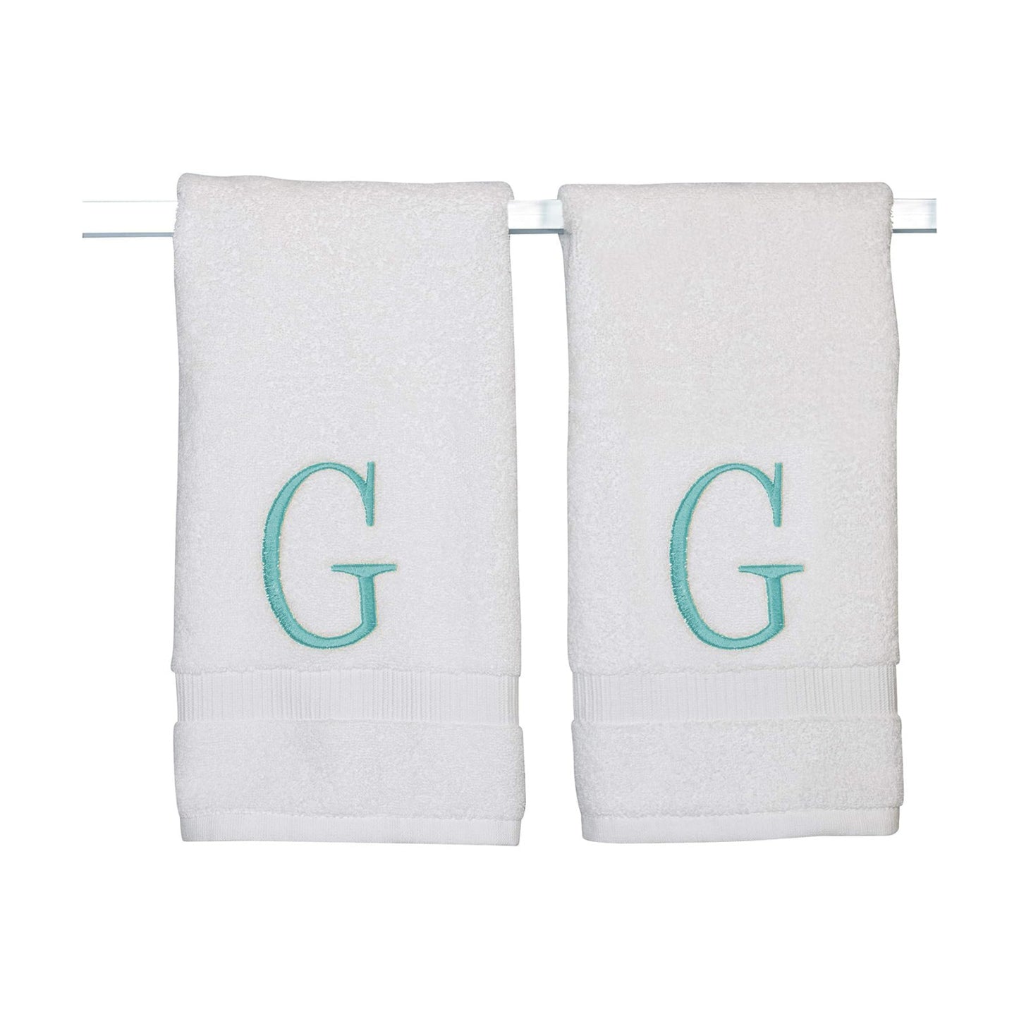 White with Teal Monogrammed Hand Towels for Bathroom - Set of 2 Letter G | Luxury Hotel Quality Initial Towels For