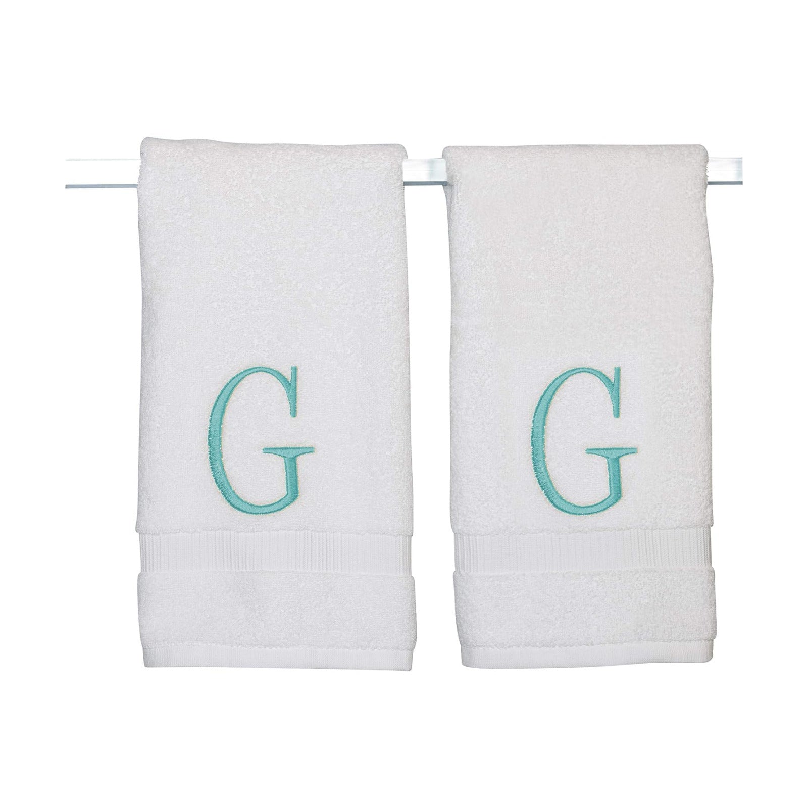 White with Teal Monogrammed Hand Towels for Bathroom - Set of 2 Letter G | Luxury Hotel Quality Initial Towels For