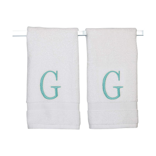 White with Teal Monogrammed Hand Towels for Bathroom - Set of 2 Letter G | Luxury Hotel Quality Initial Towels For