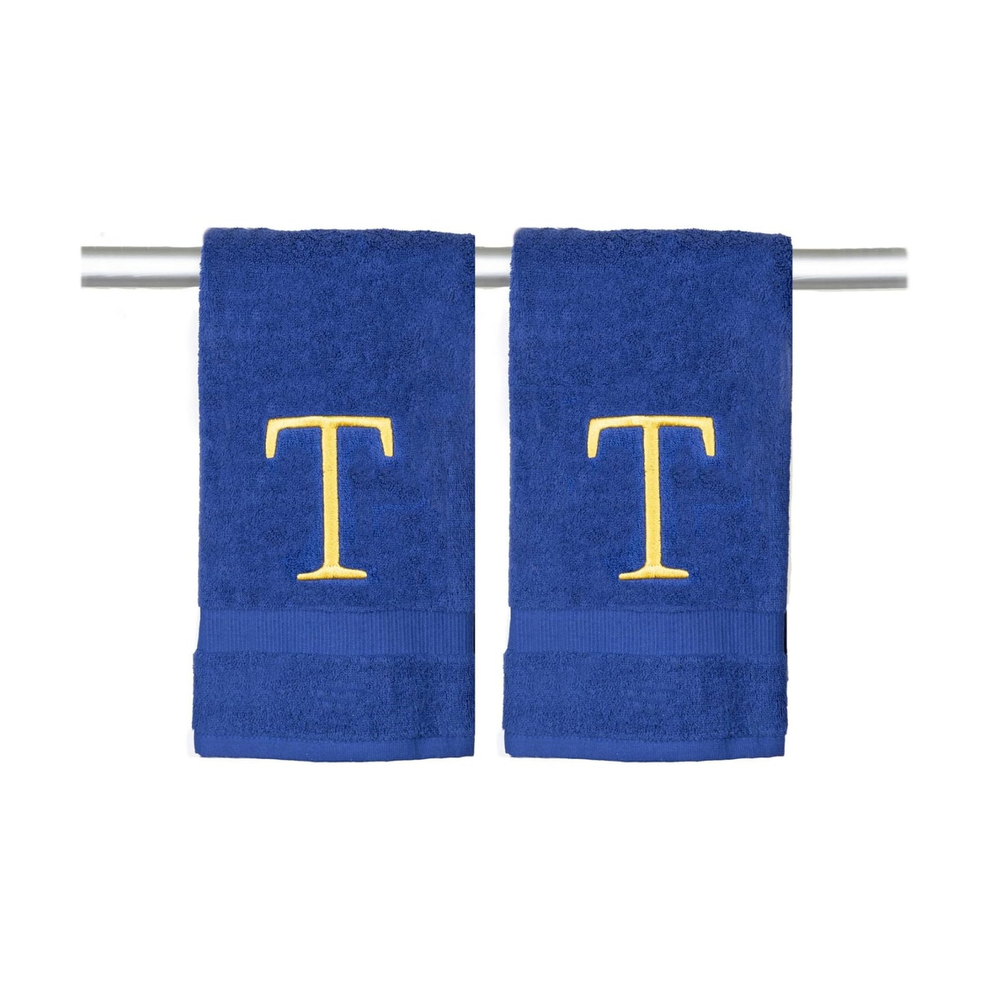 Navy with Gold Monogrammed Hand Towels for Bathroom - Set of 2 Letter T | Luxury Hotel Quality Initial Towels For