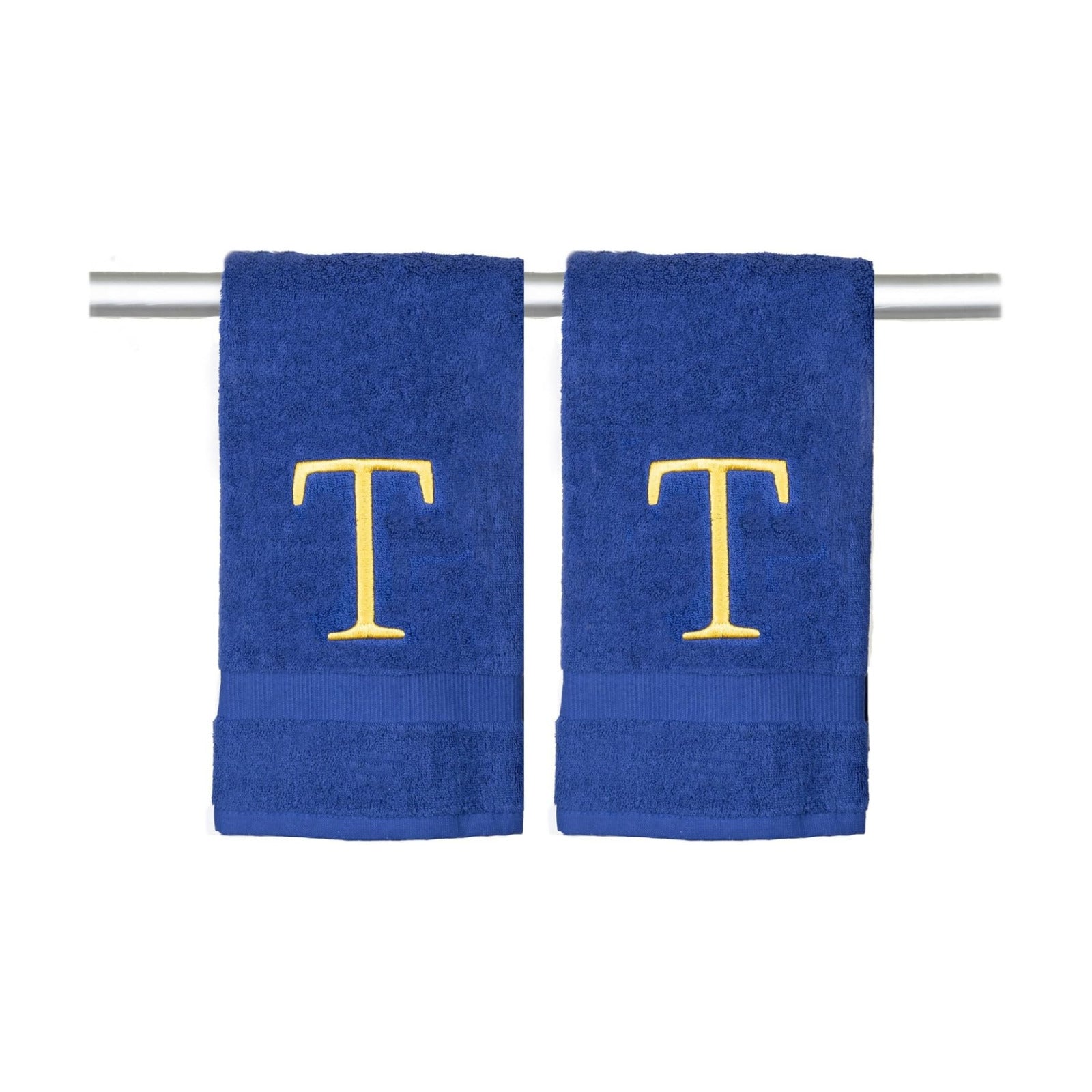 Navy with Gold Monogrammed Hand Towels for Bathroom - Set of 2 Letter T | Luxury Hotel Quality Initial Towels For