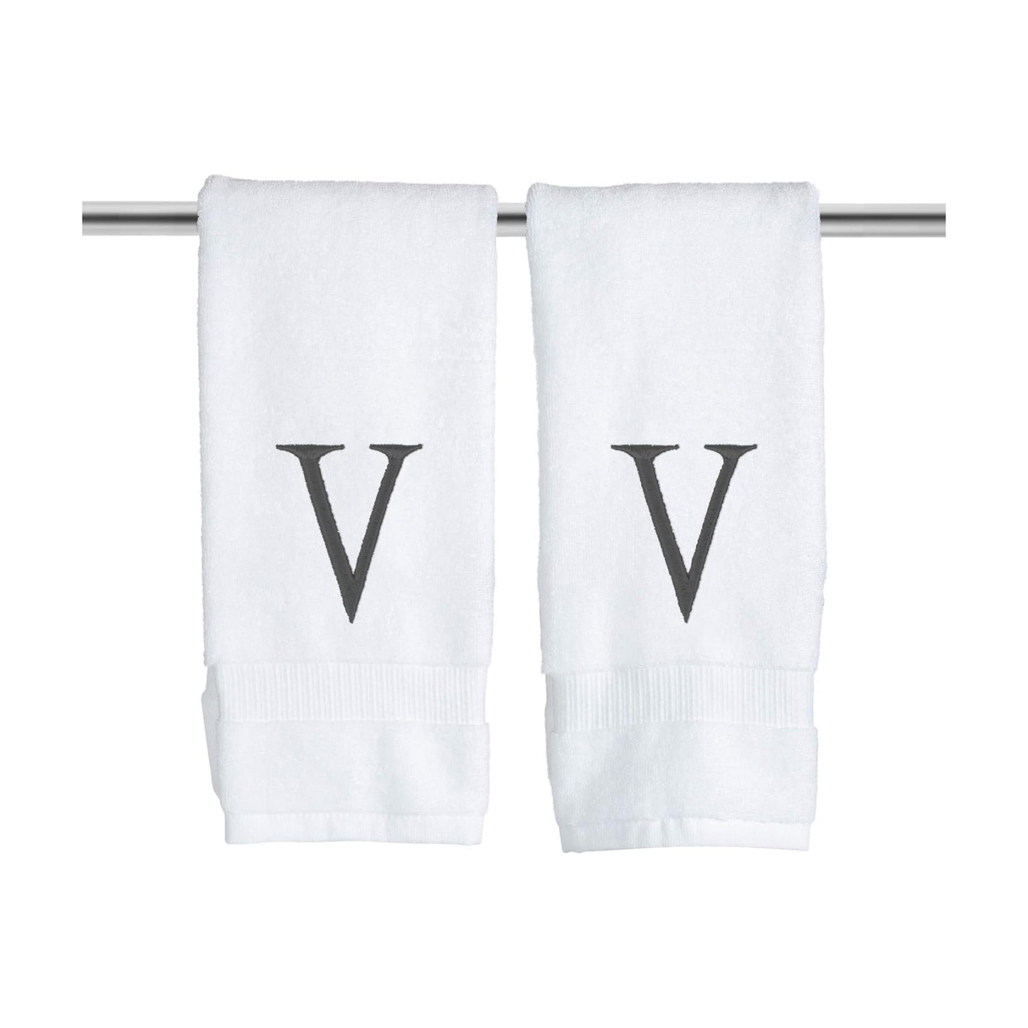 White with Dark Gray Monogrammed Hand Towels for Bathroom Set of 2 Letter V | Luxury Hotel Quality Initial Towels For