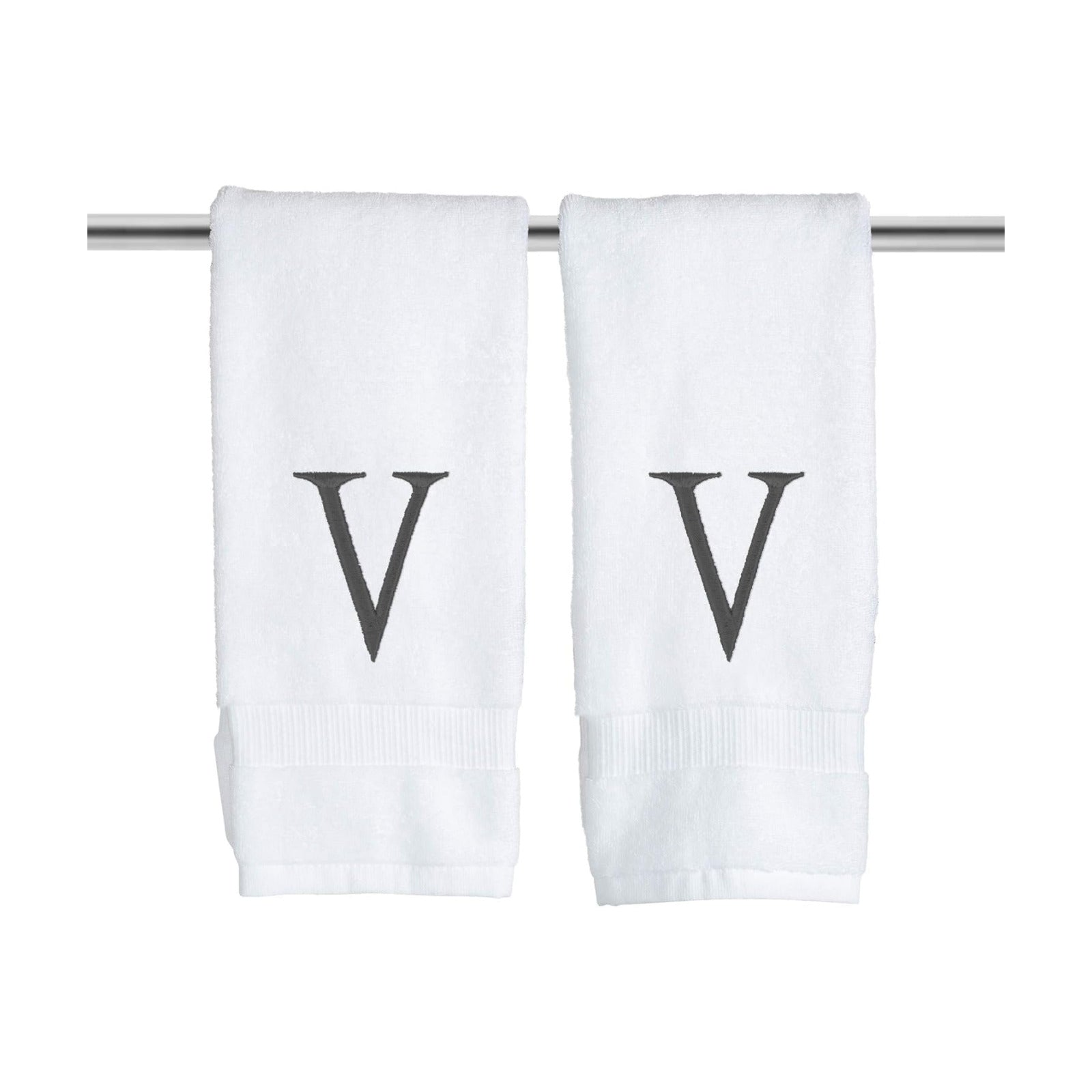 White with Dark Gray Monogrammed Hand Towels for Bathroom Set of 2 Letter V | Luxury Hotel Quality Initial Towels For
