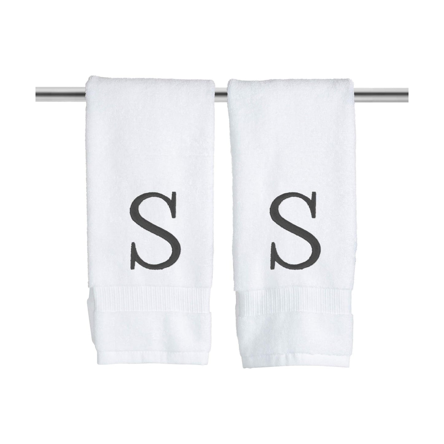 White with Dark Gray Monogrammed Hand Towels for Bathroom Set of 2 Letter S | Luxury Hotel Quality Initial Towels For