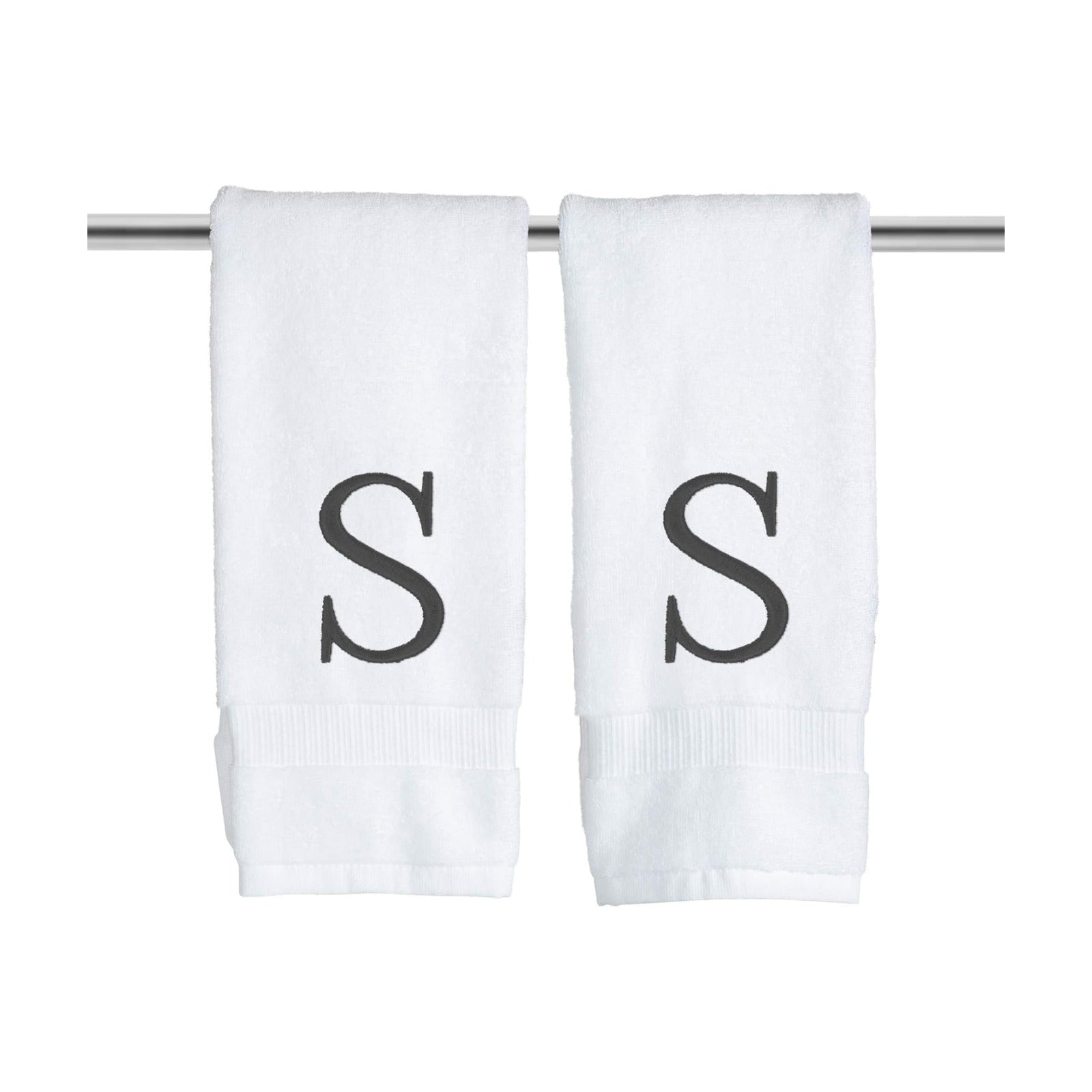 White with Dark Gray Monogrammed Hand Towels for Bathroom Set of 2 Letter S | Luxury Hotel Quality Initial Towels For