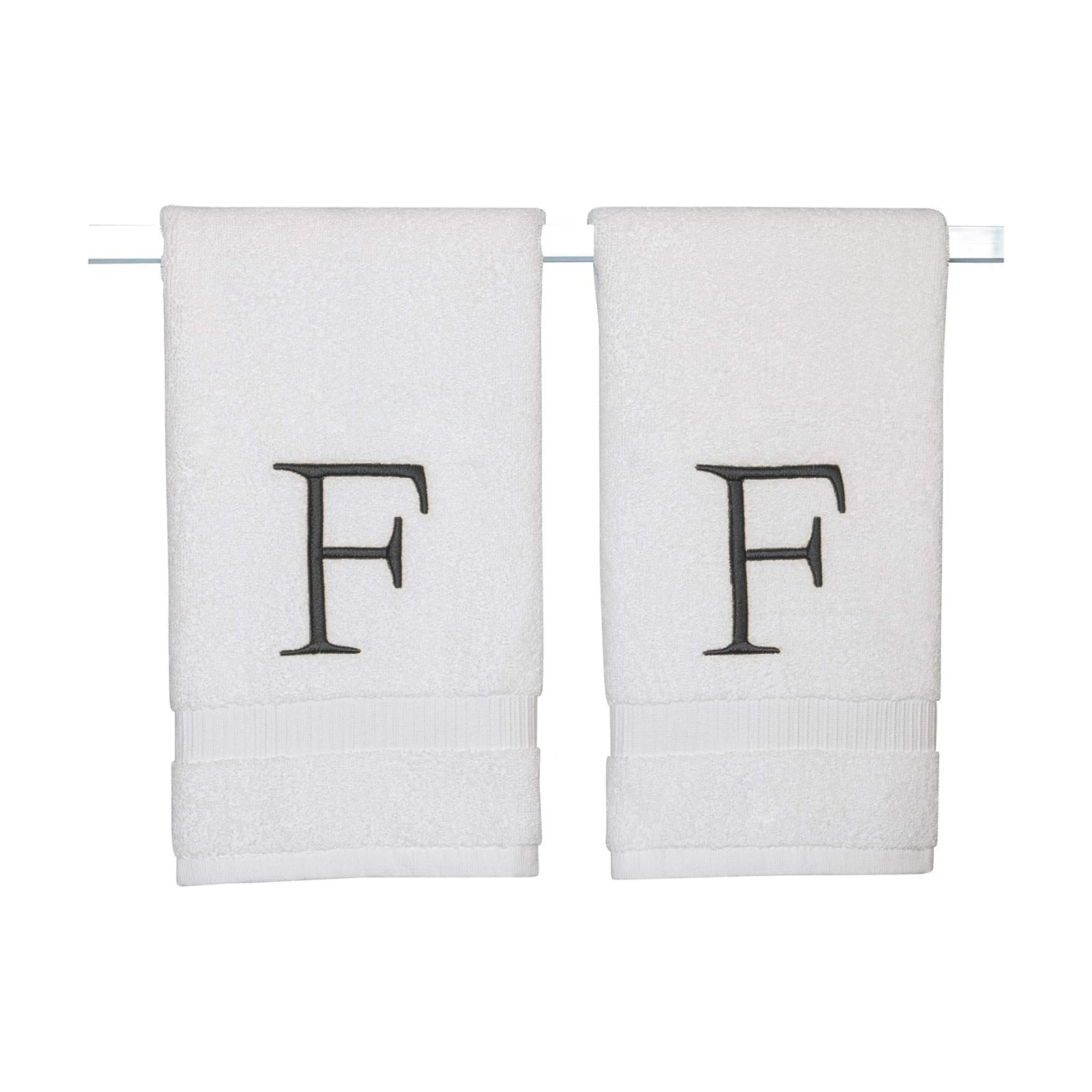 White with Dark Gray Monogrammed Hand Towels for Bathroom Set of 2 Letter F | Luxury Hotel Quality Initial Towels For