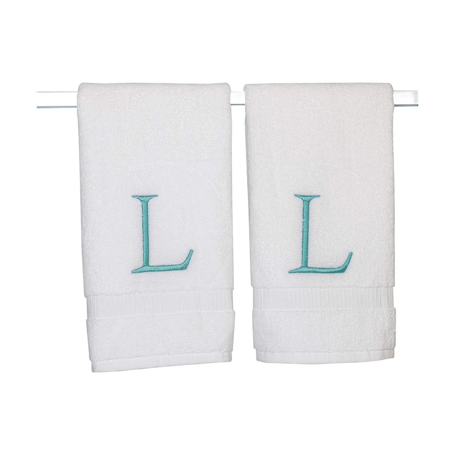 White with Teal Monogrammed Hand Towels for Bathroom - Set of 2 Letter L | Luxury Hotel Quality Initial Towels For