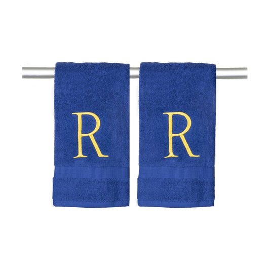 Navy with Gold Monogrammed Hand Towels for Bathroom - Set of 2 Letter R | Luxury Hotel Quality Initial Towels For