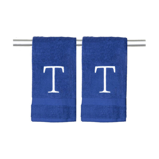 Navy with White Monogrammed Hand Towels for Bathroom - Set of 2 Letter T | Luxury Hotel Quality Initial Towels For