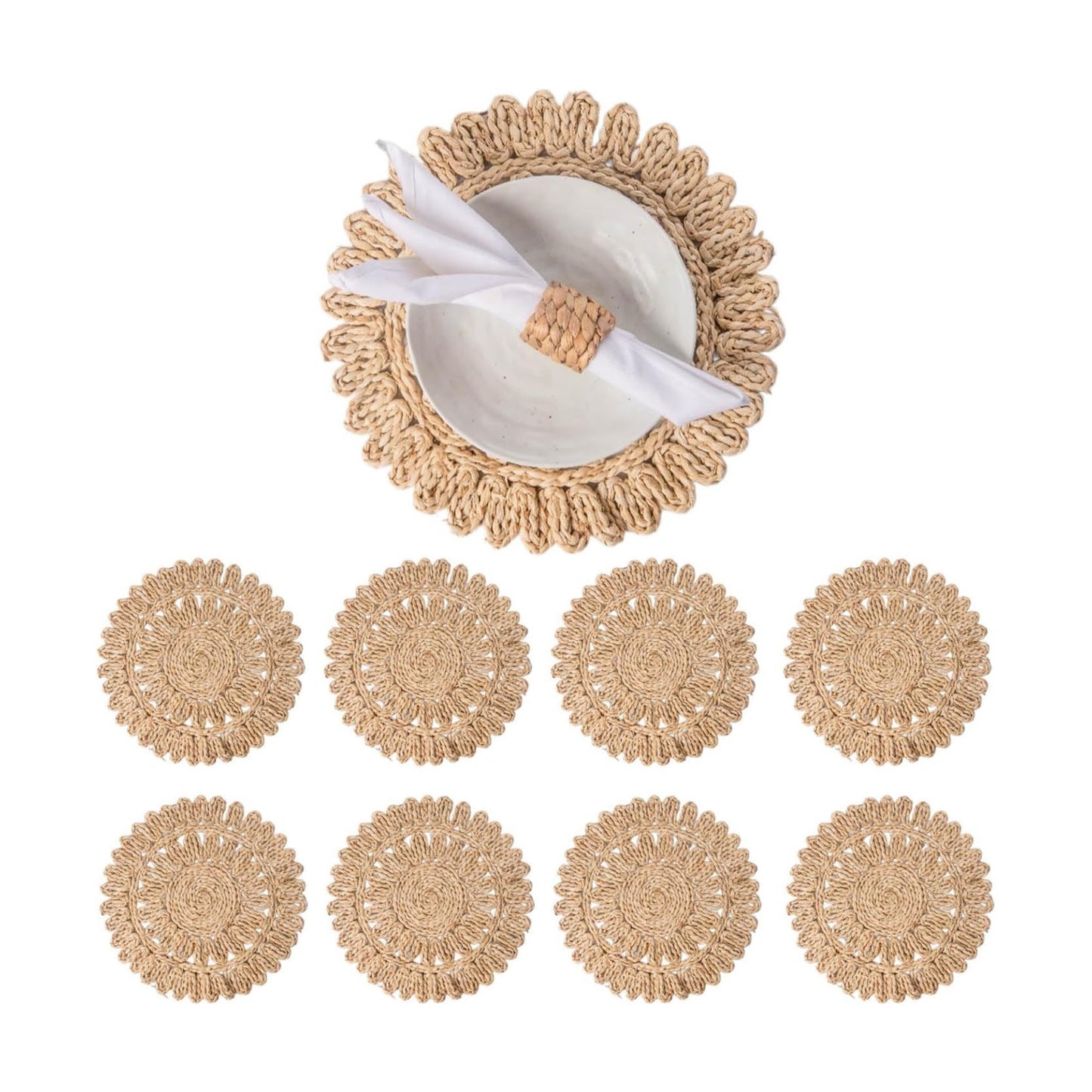 13.8" Set of 8 Round Woven Corn Husk Placemats by Laquedecraft | Protects Tables from Heat & Scratches, Perfect for