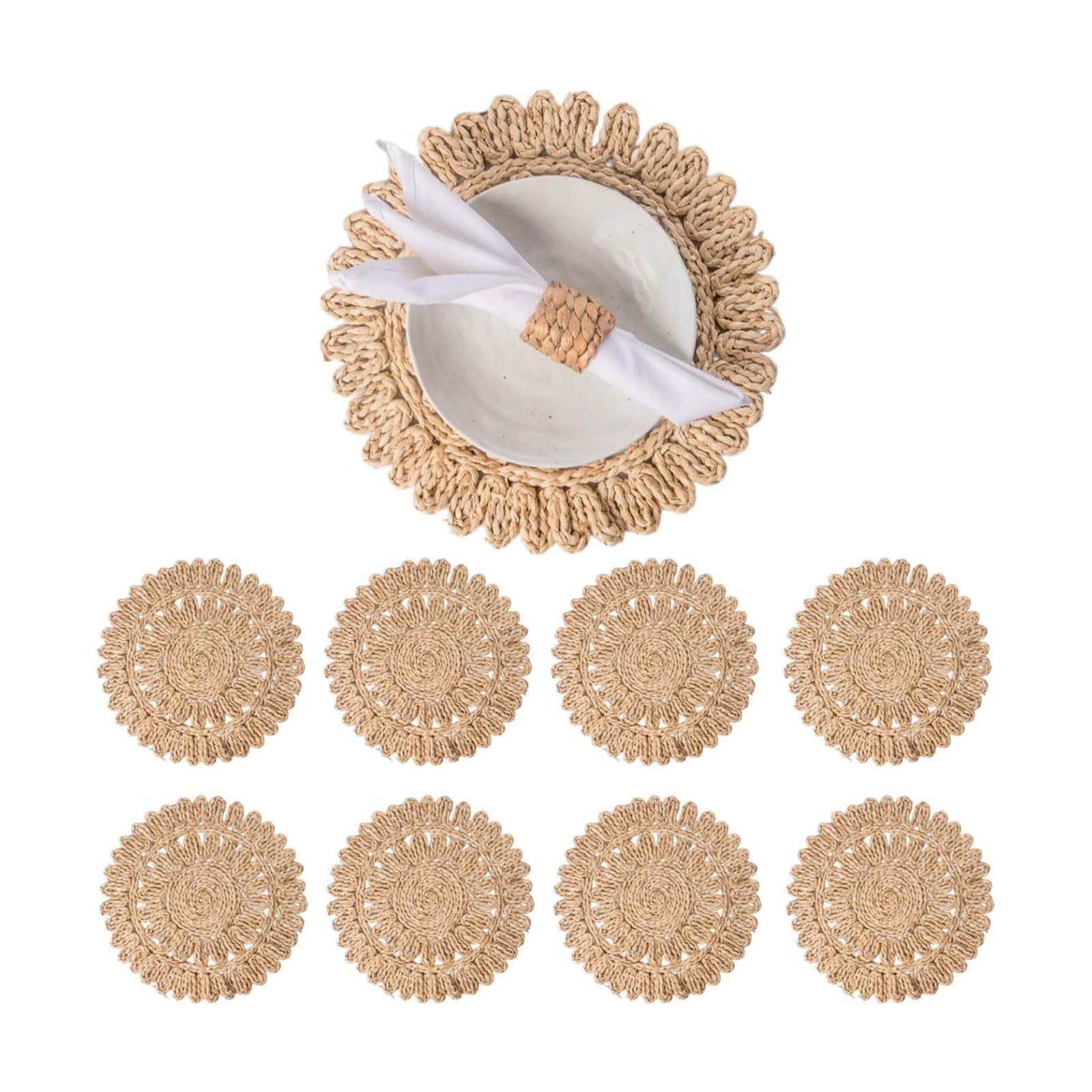 13.8" Set of 8 Round Woven Corn Husk Placemats by Laquedecraft | Protects Tables from Heat & Scratches, Perfect for