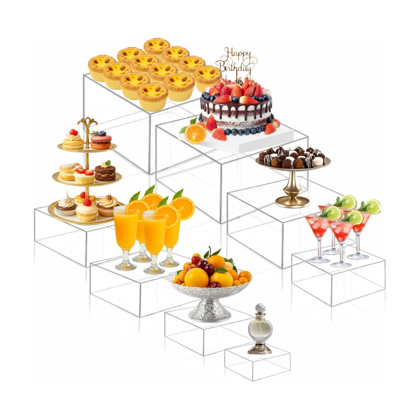 8 Pack Acrylic Buffet Display Risers for Food Jewelry,Clear,Flat | 3-10 Inch Cube Boxes with Hollow Bottoms, Clear