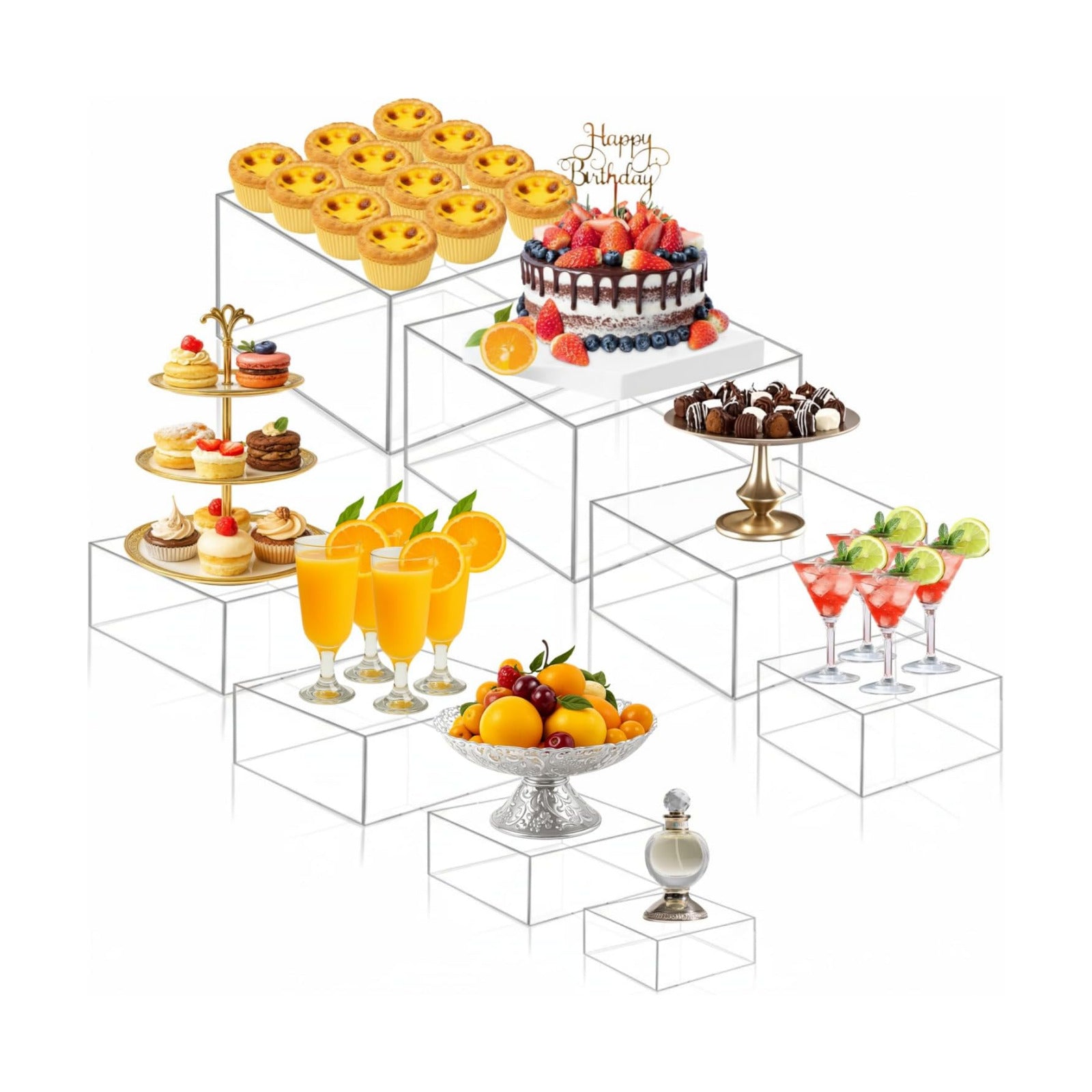 8 Pack Acrylic Buffet Display Risers for Food Jewelry,Clear,Flat | 3-10 Inch Cube Boxes with Hollow Bottoms, Clear
