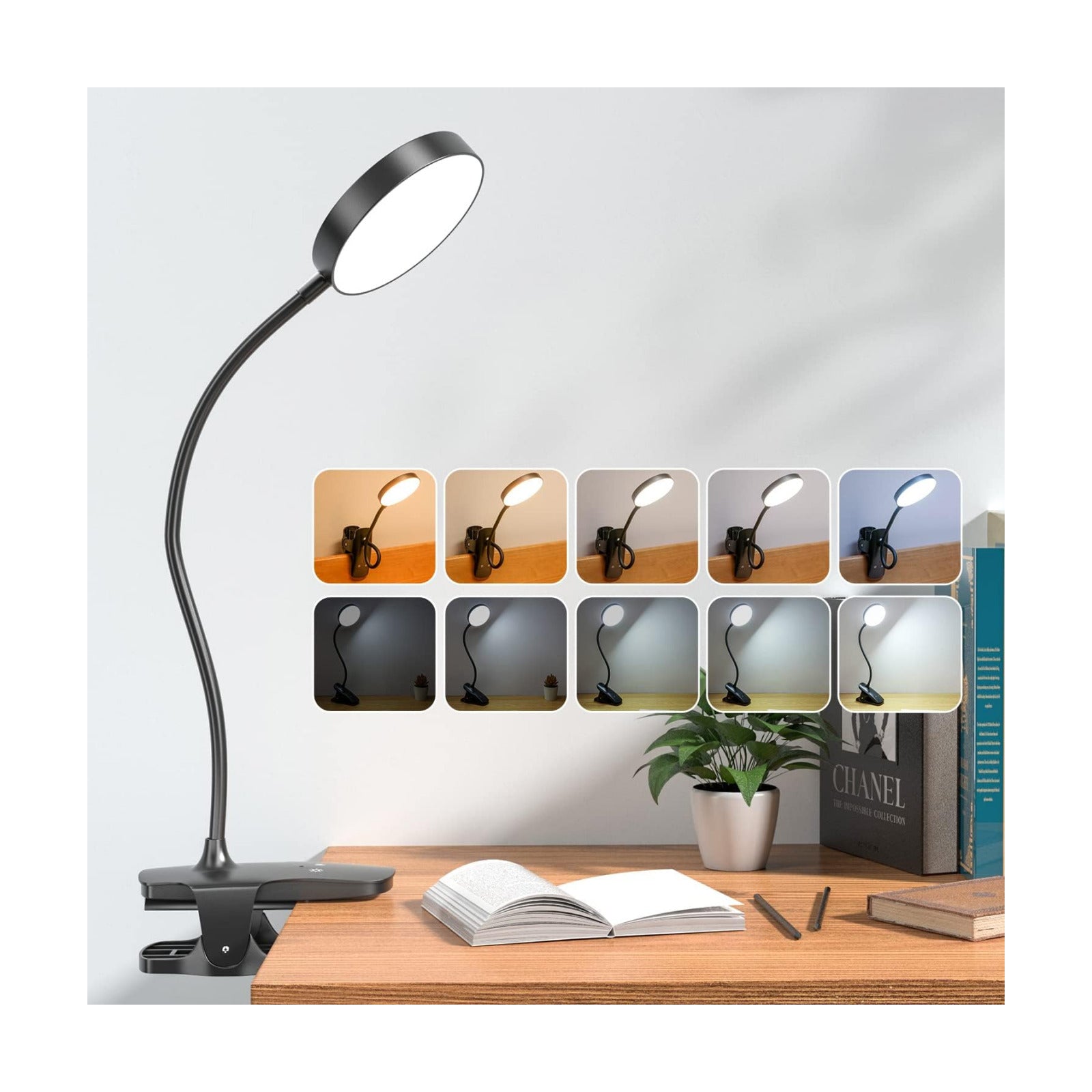 Mubarek Clip on Lamp,5 Brightness+5 Color Clip on Light,200LM 36 LED Reading Lights for Books in Bed,1800mAh Battery