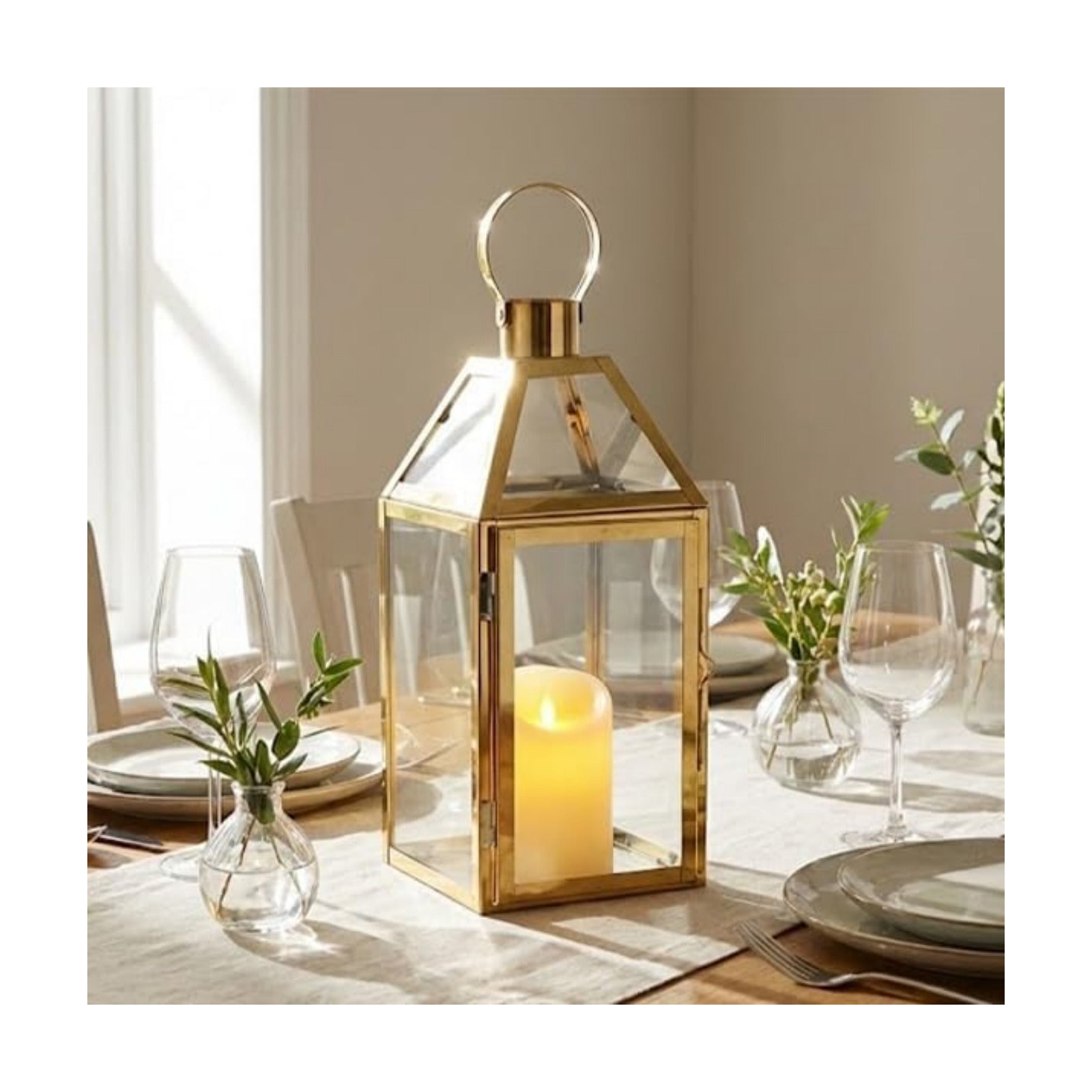 JHY Design Gold Decorative Lanterns 16" H Stainless Steel Candle Lanterns with Tempered Glass for Indoor Outdoor Events