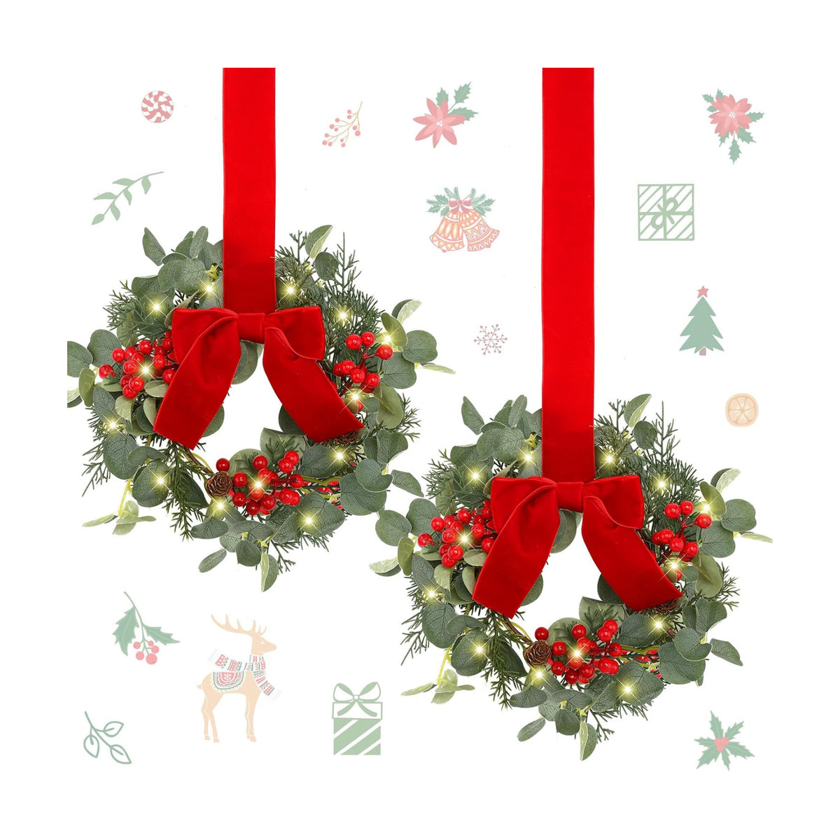 Syhood 2 Pcs 9 Inch Lighted Mini Christmas Eucalyptus Wreaths