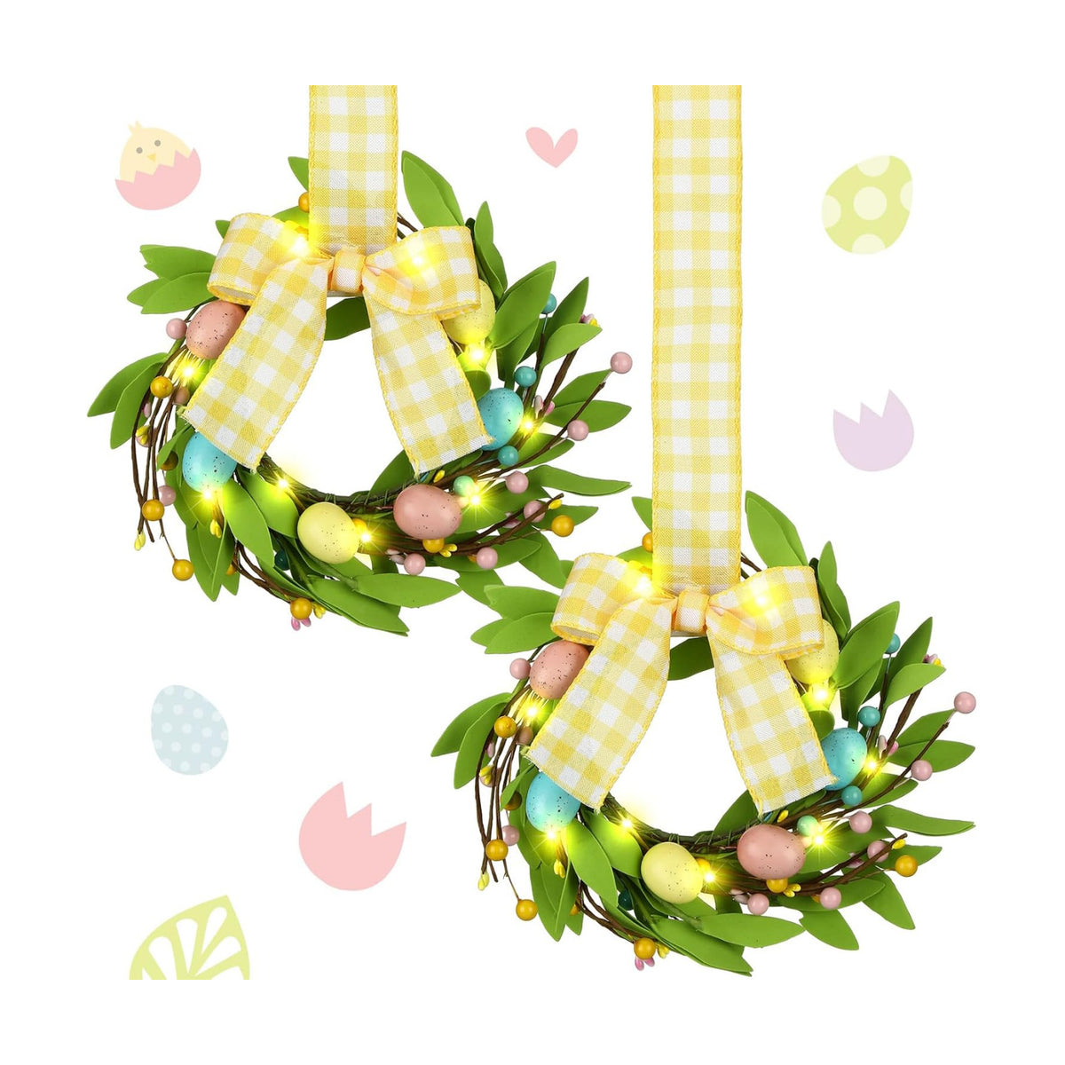 Syhood 2 Pcs 9 Inch Lighted Mini Easter Egg Wreaths