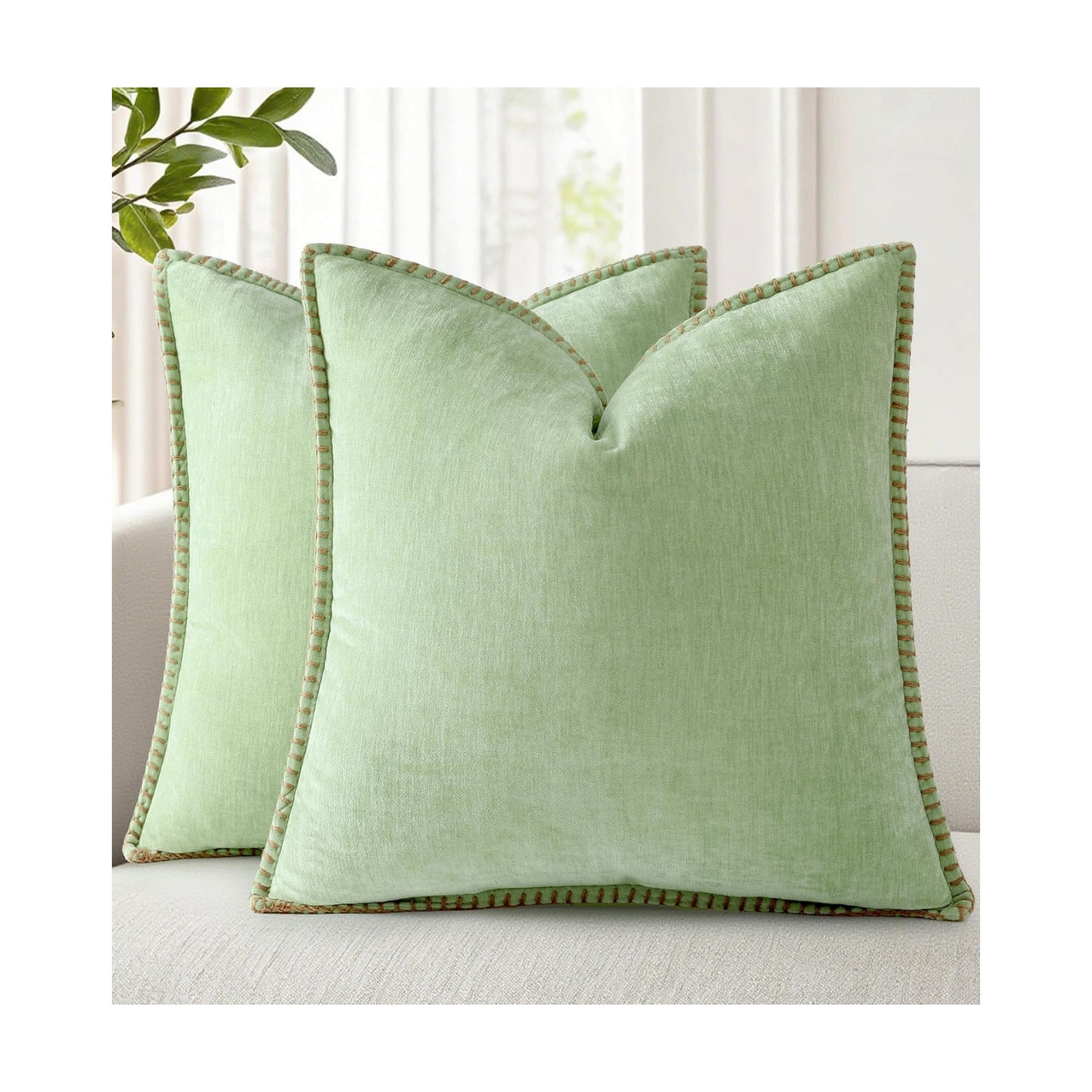 Fall Chenille Soft Throw Pillow Covers / Sage Green / 18 x 18 / Set of 2