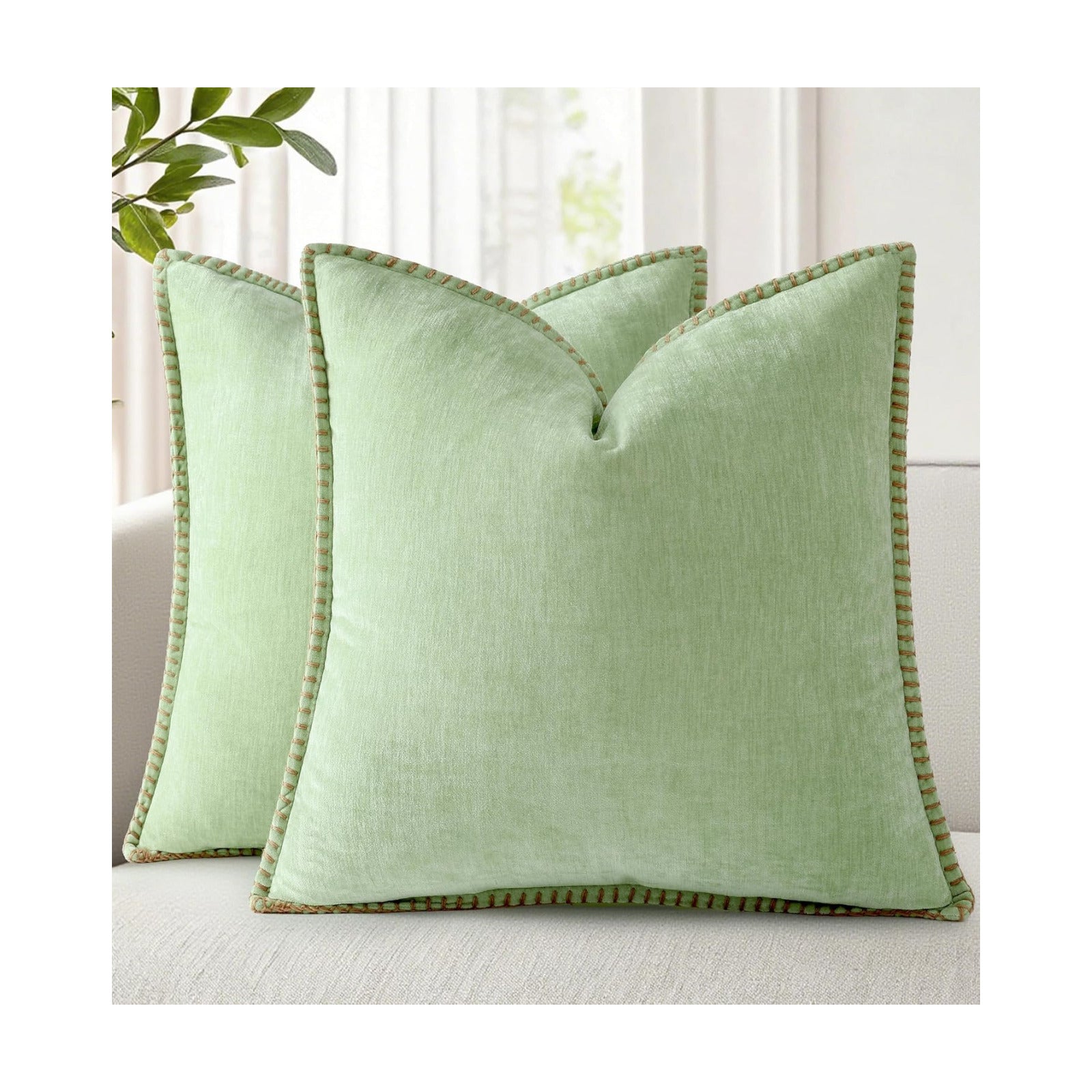 Fall Chenille Soft Throw Pillow Covers / Sage Green / 18 x 18 / Set of 2