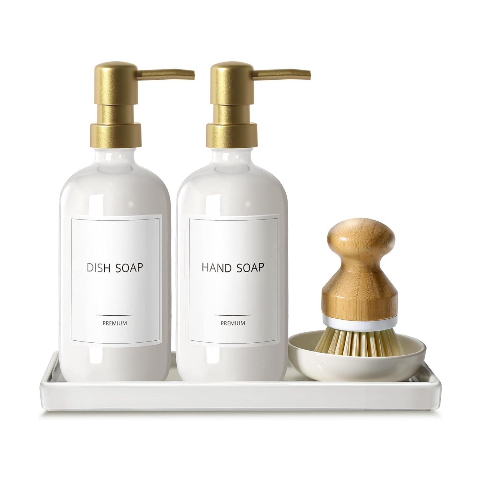 GMISUN Kitchen Soap Dispenser, 16 Oz Kitchen Dish Soap Dispenser Set with Ceramic Tray & Bamboo Brush, 2Pcs Farmhouse
