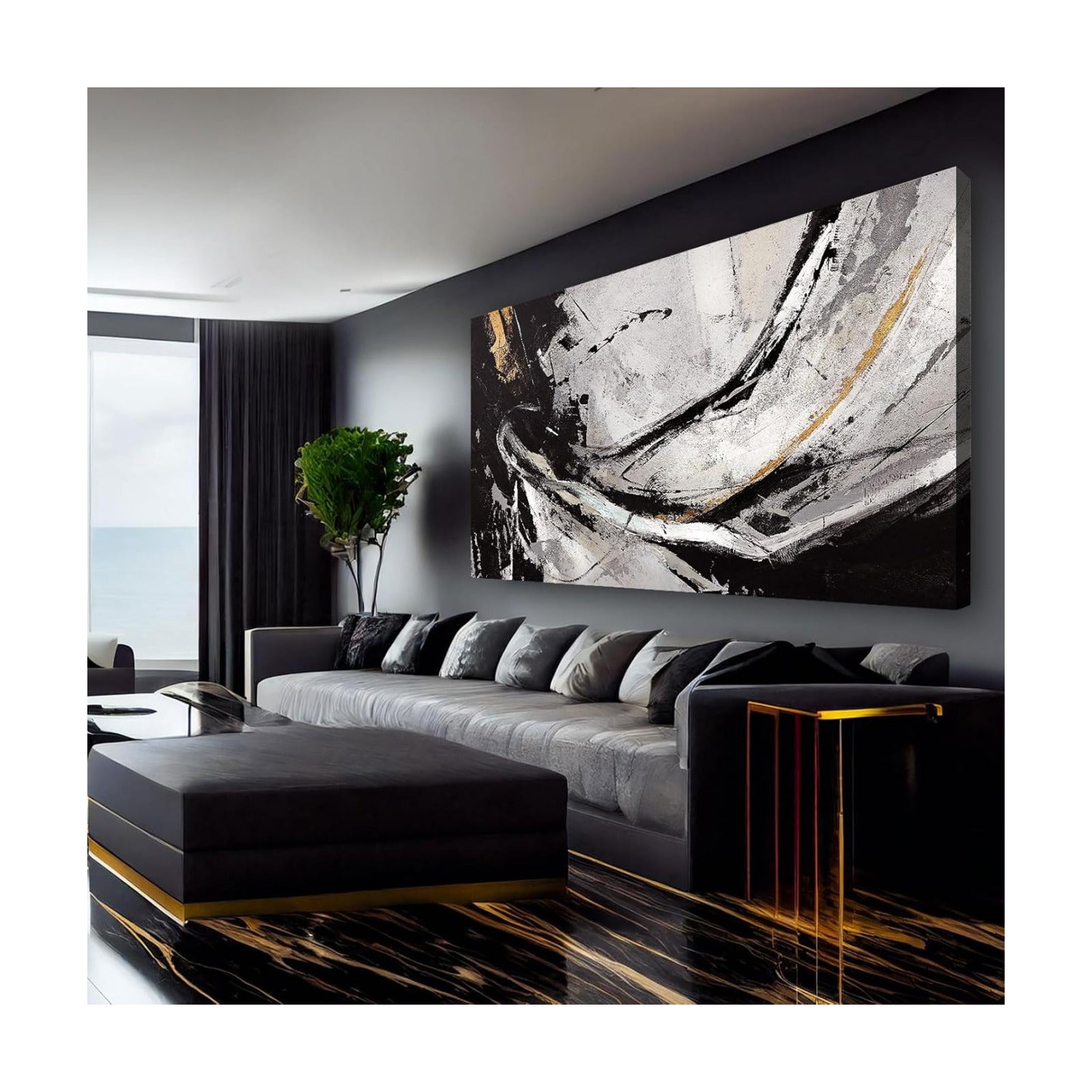 Abstract Canvas Wall Art Gold Decoration Art / 29 x 58 / Black