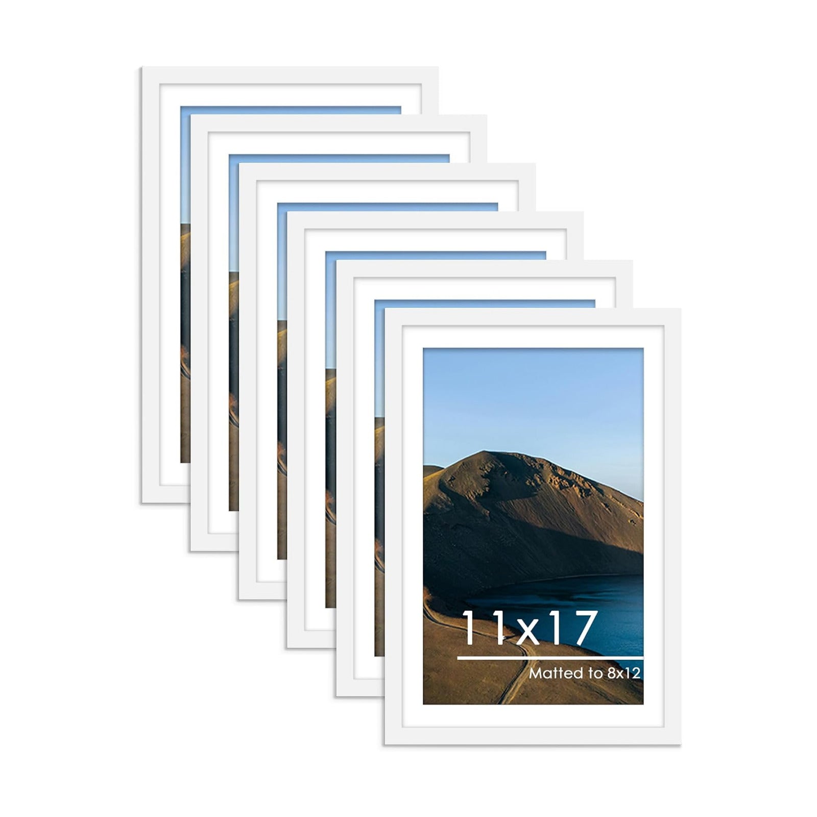 11x17 Picture Frame Set of 6, Wall Mount Display, White | Display Pictures 8x12 with Mat or 11x17 without