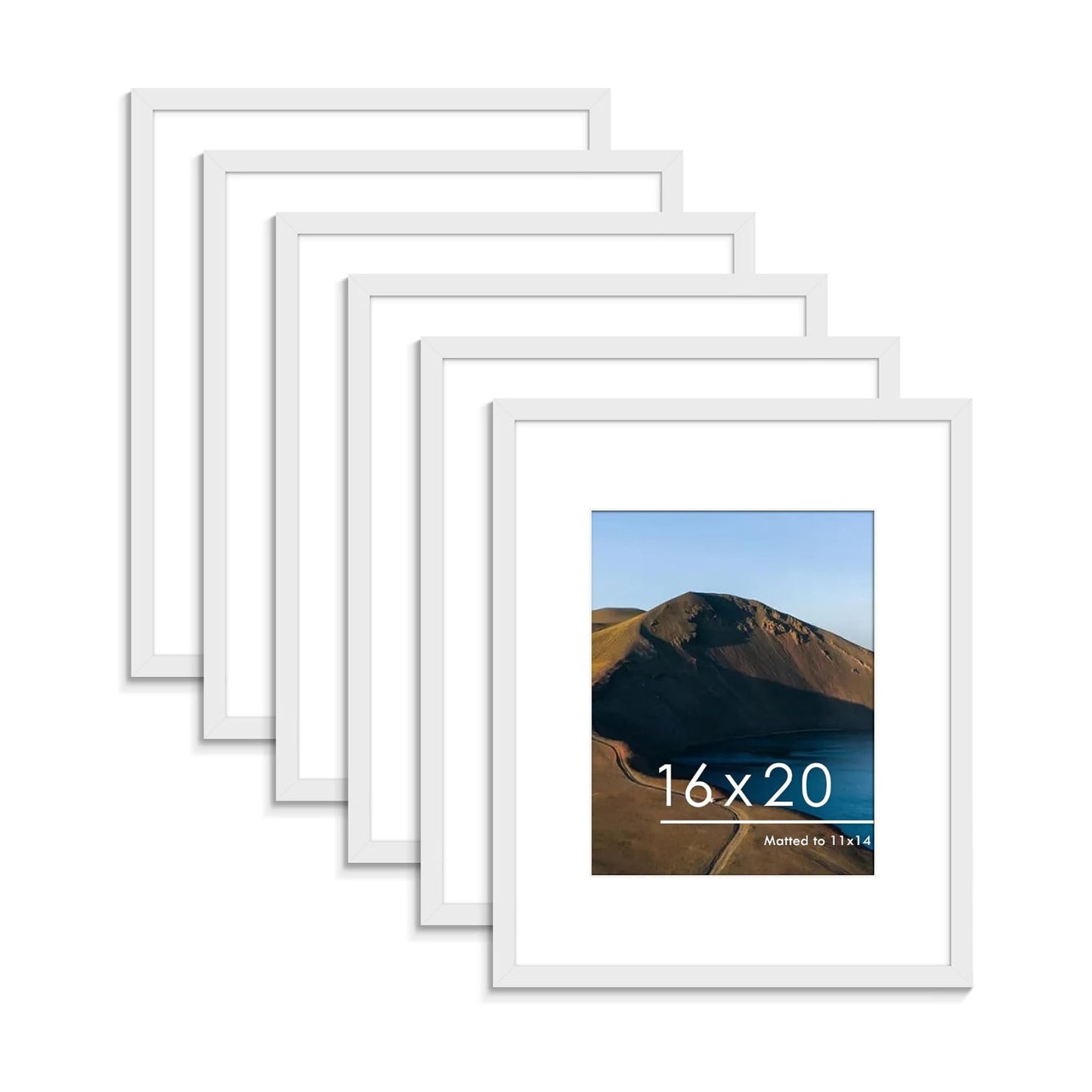 16x20 Picture Frame Set of 6, Wall Mount Display, White | Display Pictures 11x14 with Mat or 16x20 Without Mat