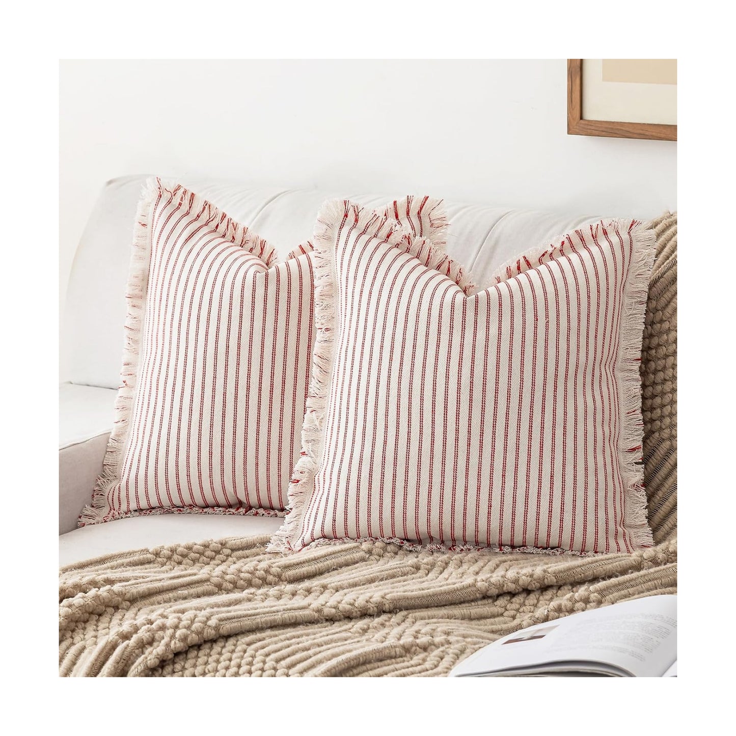 Throw Pillow Covers Striped Fringe Pillow Cover Farmhouse Cushion Covers / Red / 20 x 20 / Set of 2