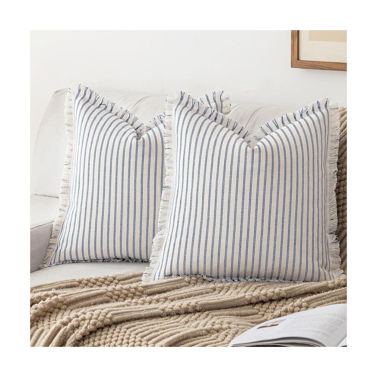 Throw Pillow Covers Striped Fringe Pillow Cover Farmhouse Cushion Covers / Blue / 20 x 20 / Set of 2