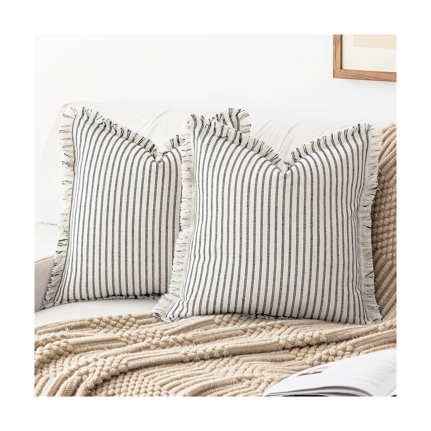 Throw Pillow Covers Striped Fringe Pillow Cover Farmhouse Cushion / Black / 18 x 18 / Set of 2