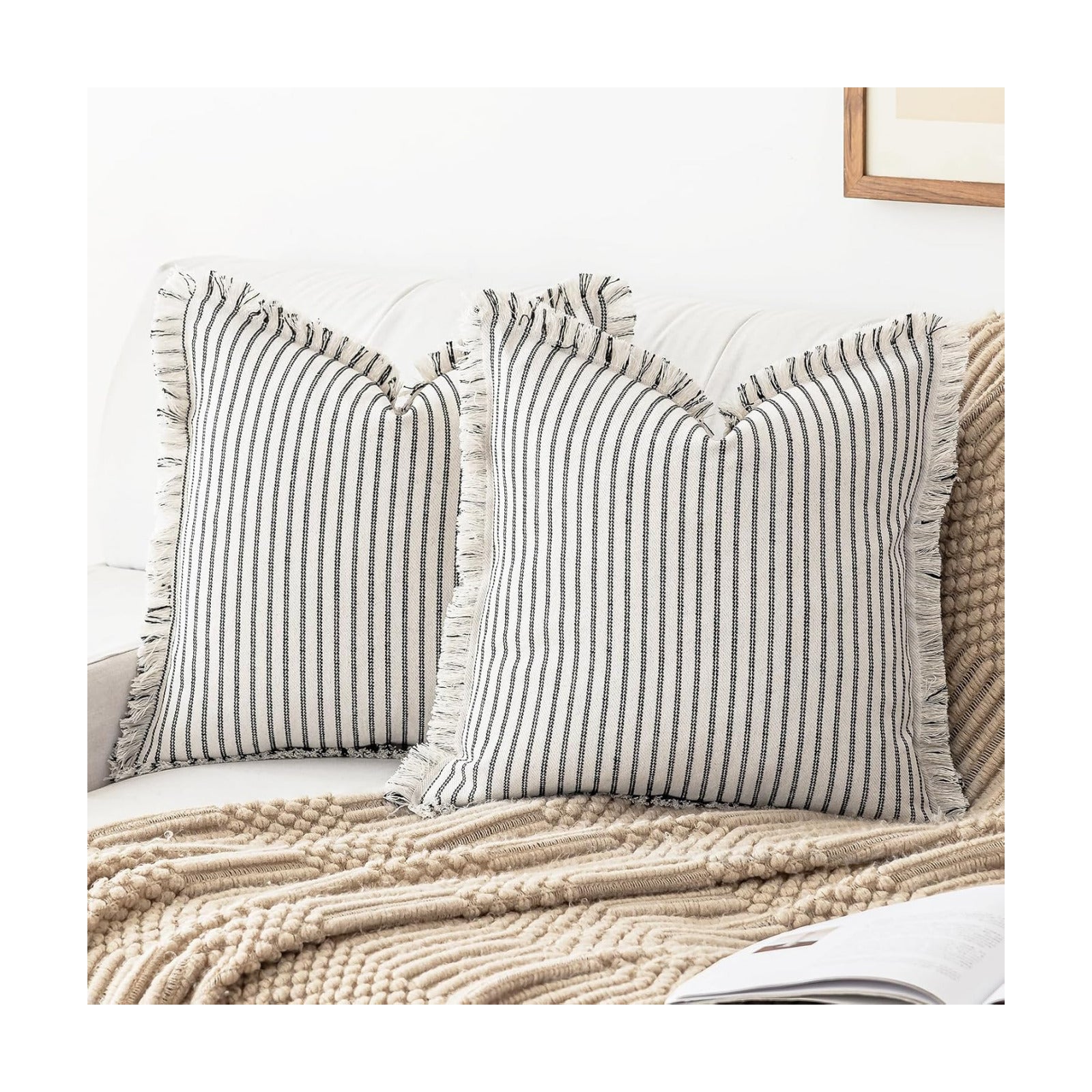Throw Pillow Covers Striped Fringe Pillow Cover Farmhouse Cushion / Black / 18 x 18 / Set of 2