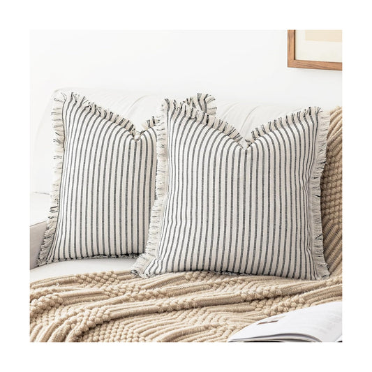 Throw Pillow Covers Striped Fringe Pillow Cover Farmhouse Cushion / Black / 18 x 18 / Set of 2