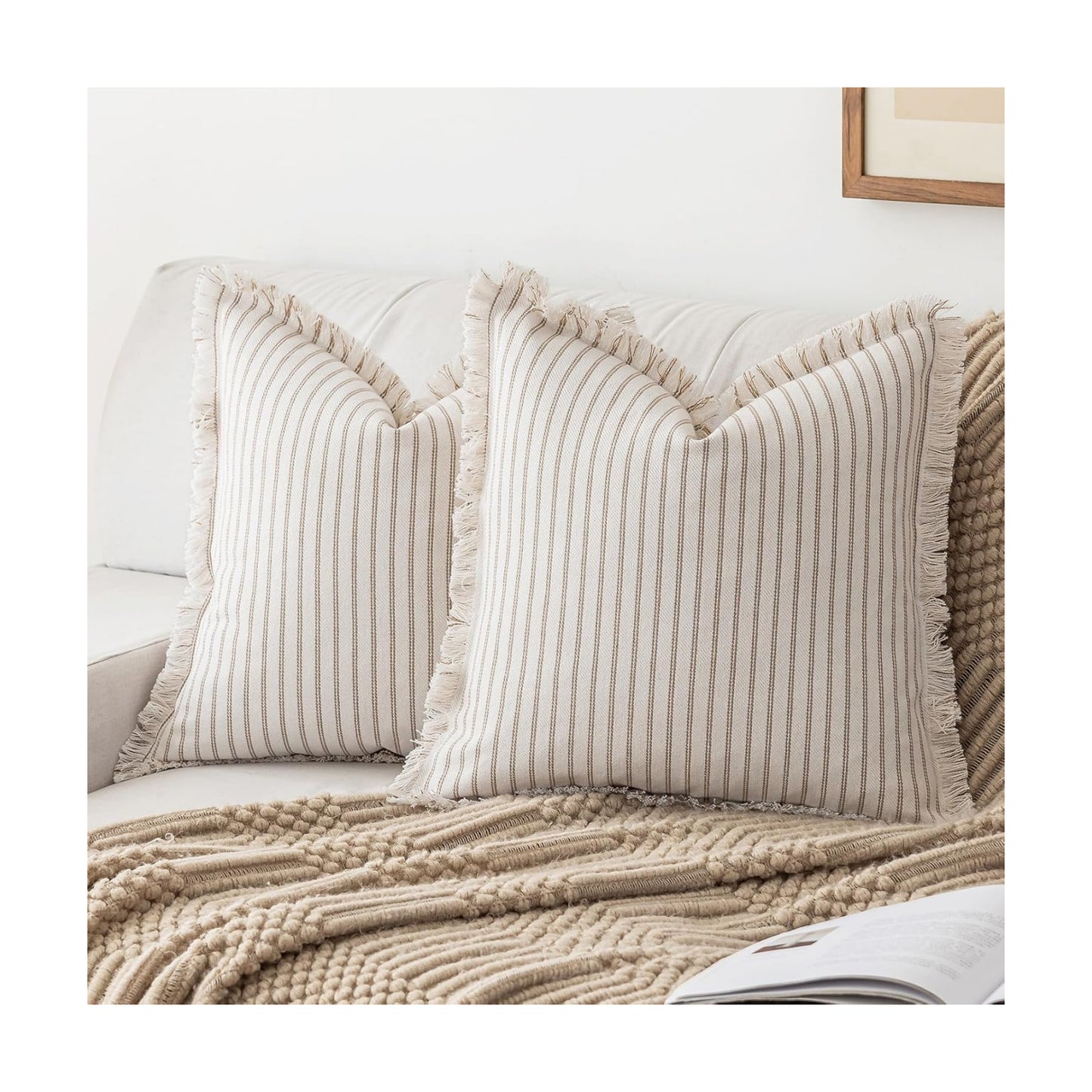 Throw Pillow Covers Striped Fringe Pillow Cover Farmhouse Cushion / Khaki / 20 x 20 / Set of 2