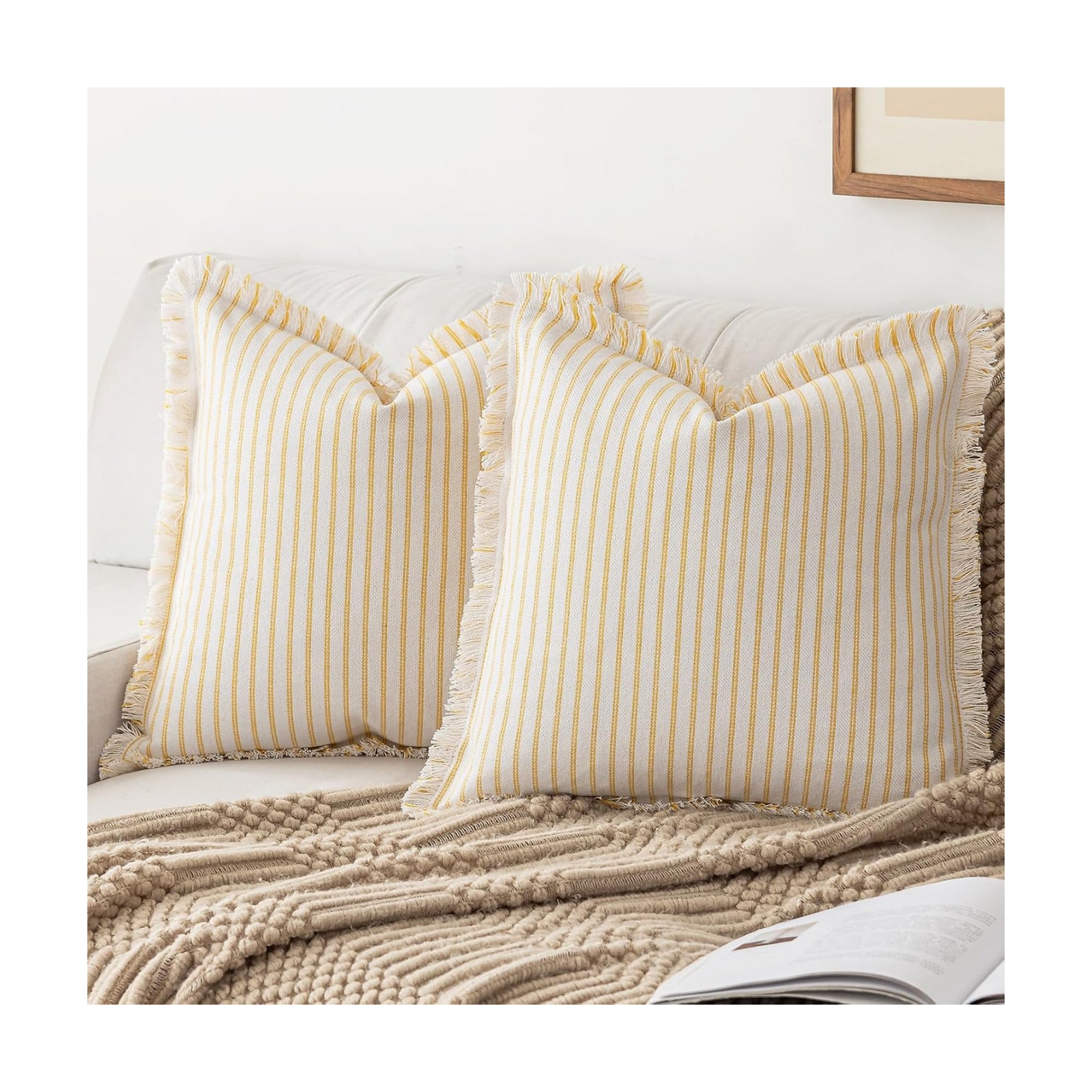 Throw Pillow Covers Striped Fringe Pillow Cover Farmhouse Cushion / Yellow / 18 x 18 / Set of 2