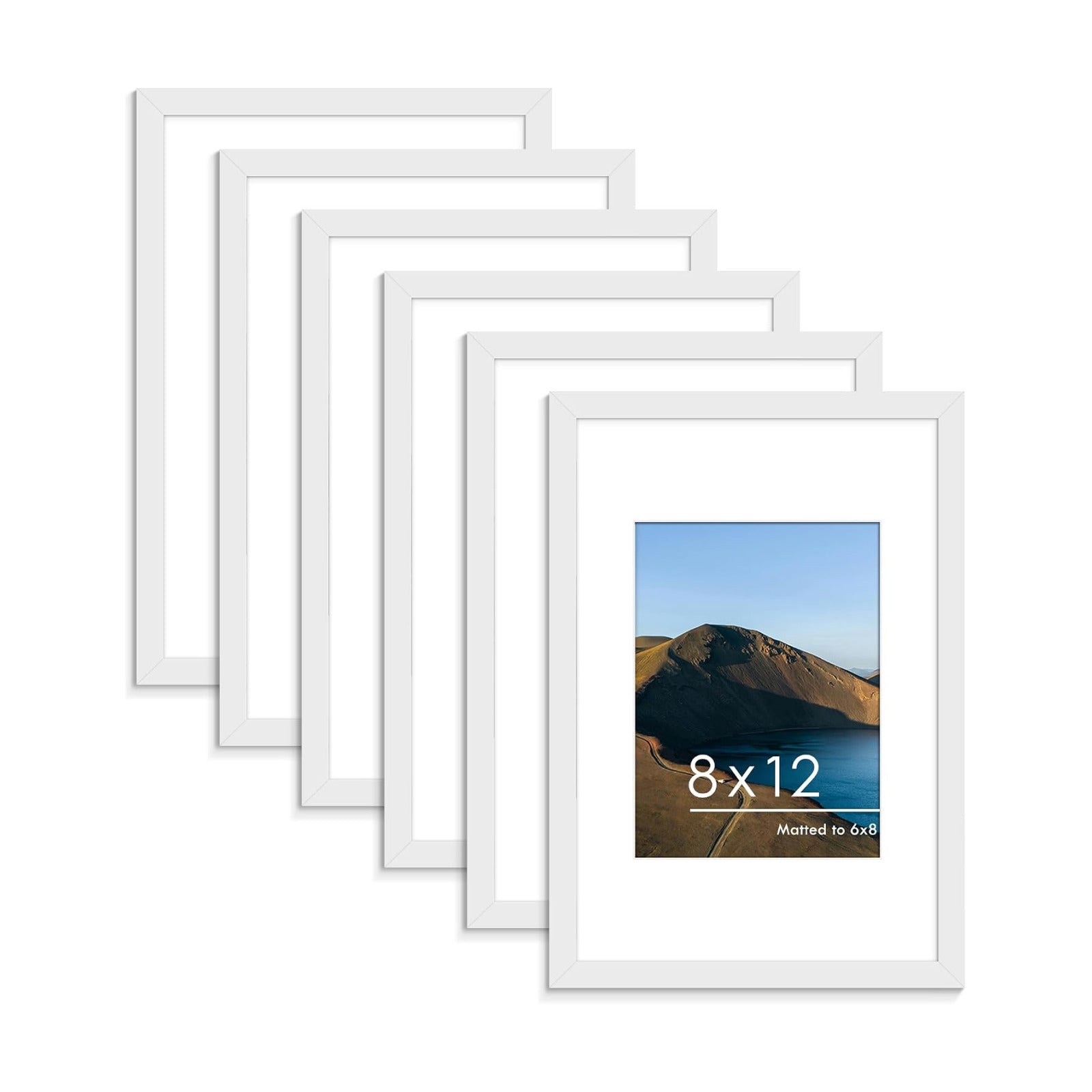 8x12 Picture Frame Set of 6, Wall or Tabletop Display, White | Display 6x8 with Mat or 8x12 Without Mat, Horizontal or