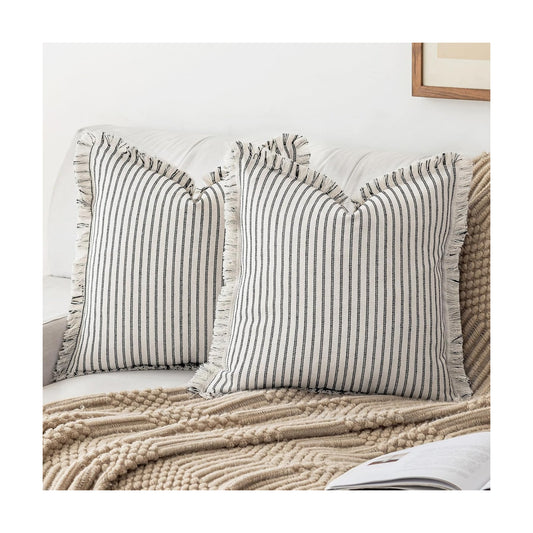 Throw Pillow Covers Striped Fringe Pillow Cover Farmhouse Cushion / Black / 24 x 24 / Set of 2