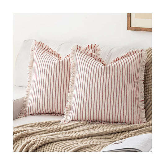Throw Pillow Covers Striped Fringe Pillow Cover Farmhouse Cushion Covers / Red / 24 x 24 / Set of 2